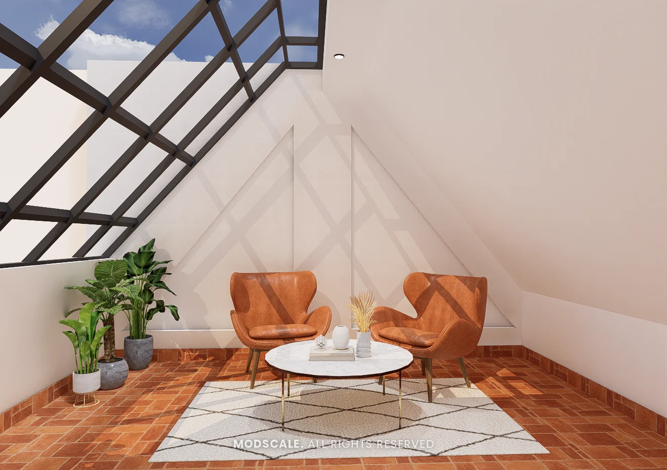 Terrace sit-out under a pergola with tan leather chairs and terracotta floor tiles, Praveen’s villa interior at Springville, Harlur, Bengaluru