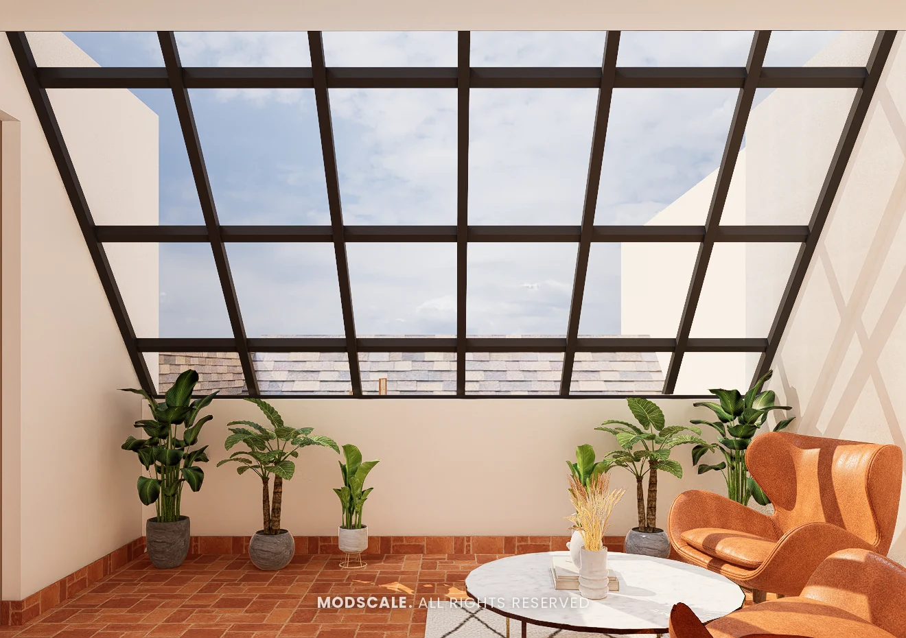 Terrace pergola with glass roof grid and potted plants, Praveen’s villa interior at Springville, Harlur, Bengaluru
