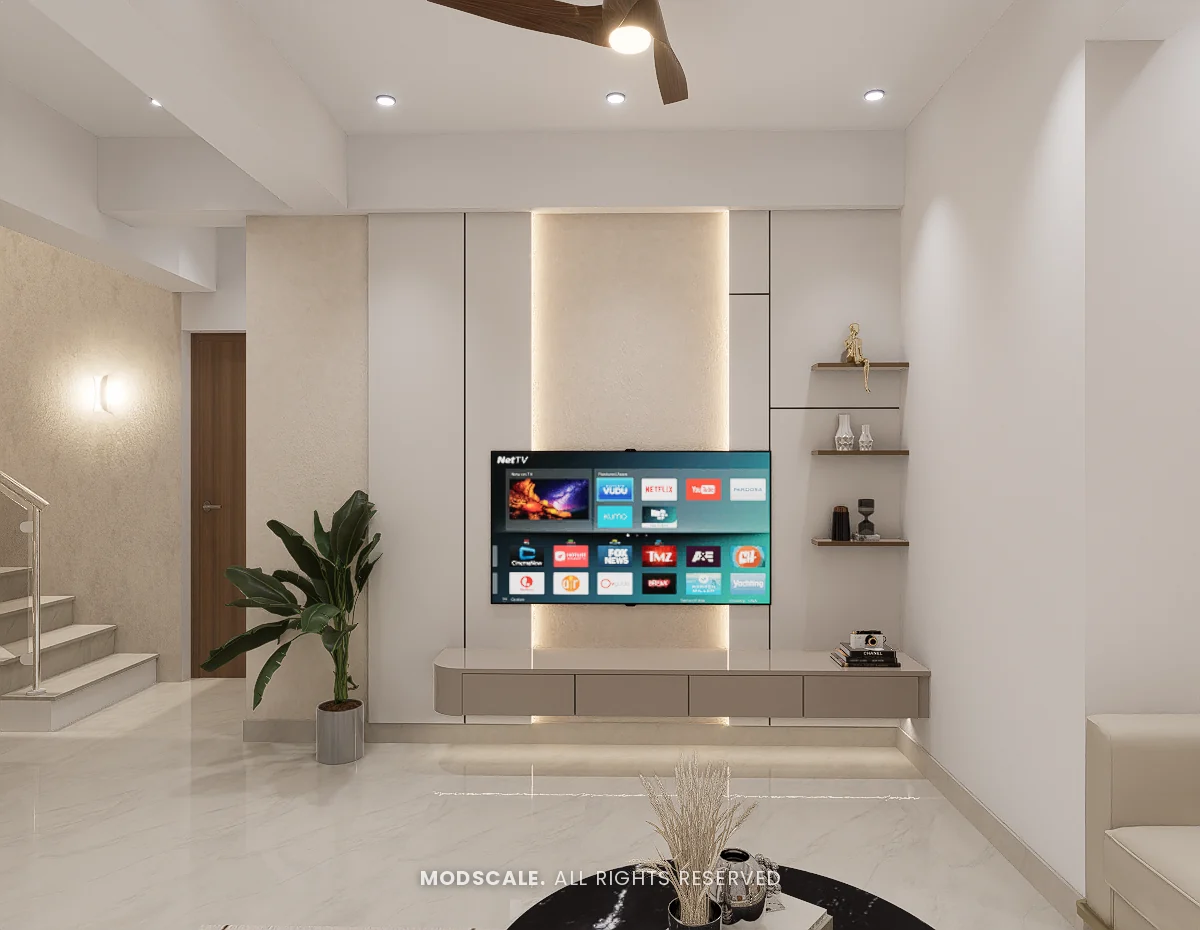 Family area TV wall with backlit panel, floating ledge and open shelves, Praveen’s villa interior at Springville, Harlur, Bengaluru