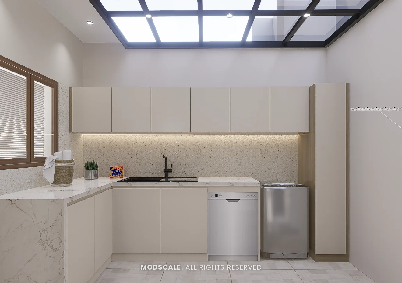 Utility area under a skylight with beige cabinets, sink, dishwasher and washing machine, Praveen’s villa interior at Springville, Harlur, Bengaluru