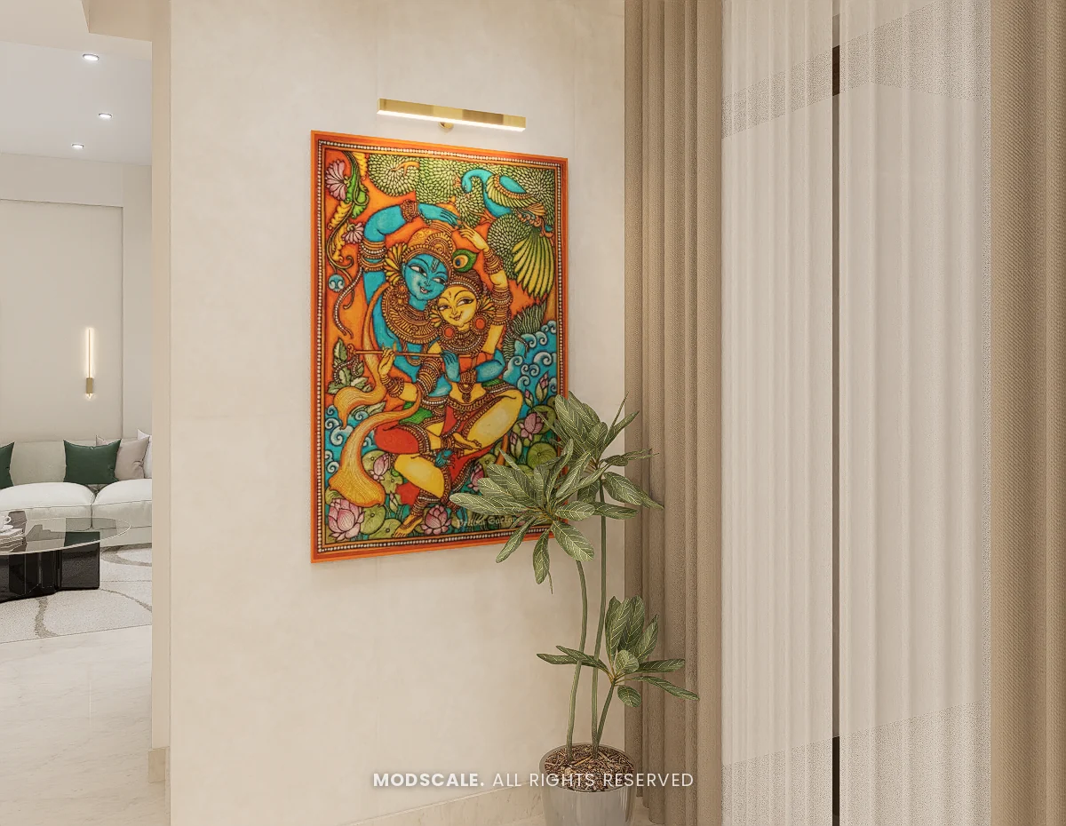 Mural-style painting under a brass picture light beside the curtains, Praveen’s villa interior at Springville, Harlur, Bengaluru