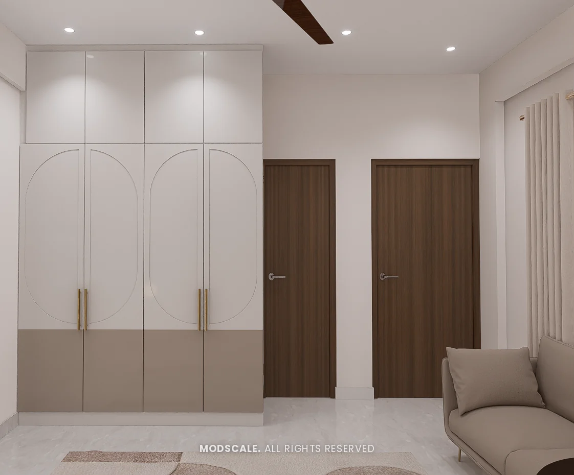 White wardrobe with arched groove pattern and beige base band, Praveen’s villa interior at Springville, Harlur, Bengaluru