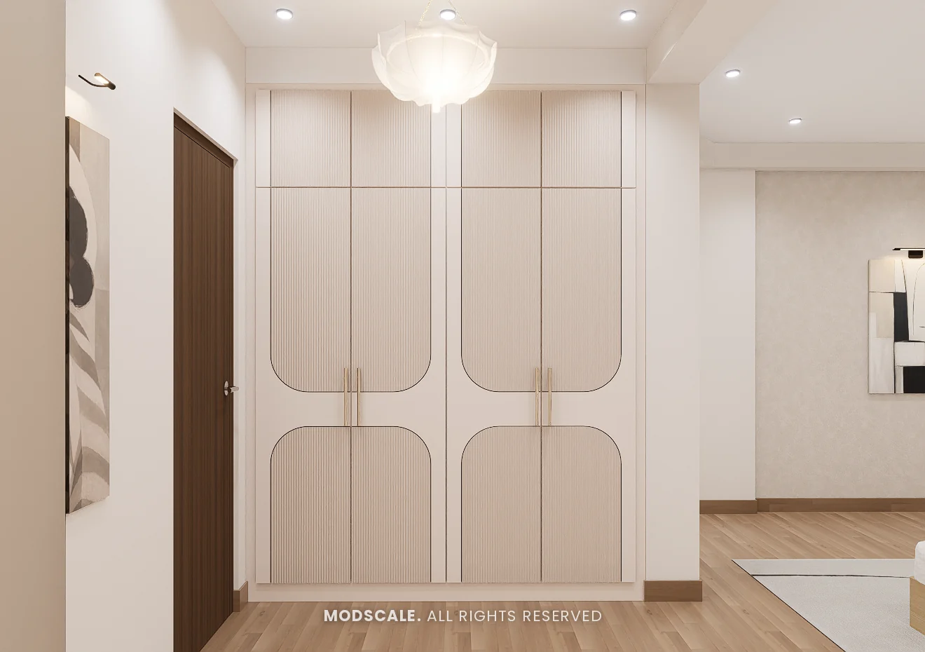 Fluted blush wardrobe with rounded shutter panels and brass handles, Praveen’s villa interior at Springville, Harlur, Bengaluru