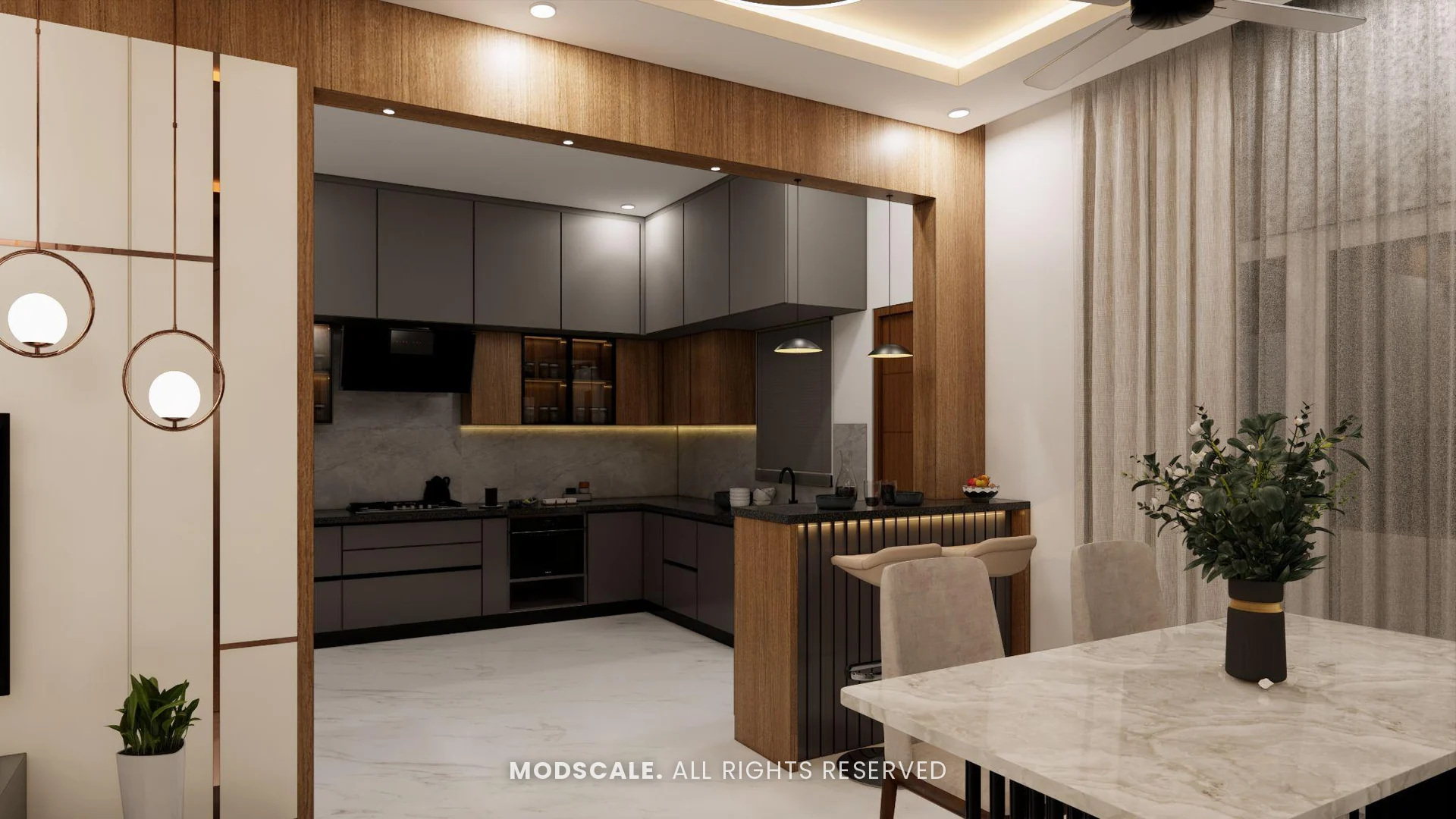 Breakfast counter between the kitchen and dining area, Puneeth’s villa interior in Bannerghatta