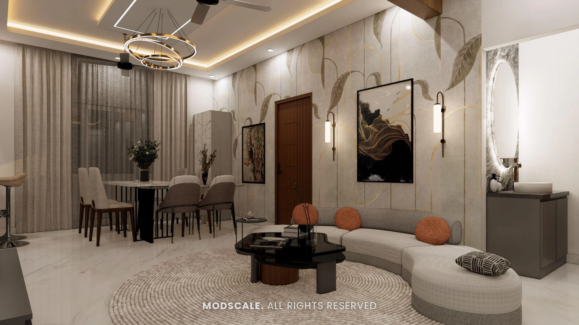 Dining table beside the living room under a ring chandelier, Puneeth’s villa interior in Bannerghatta