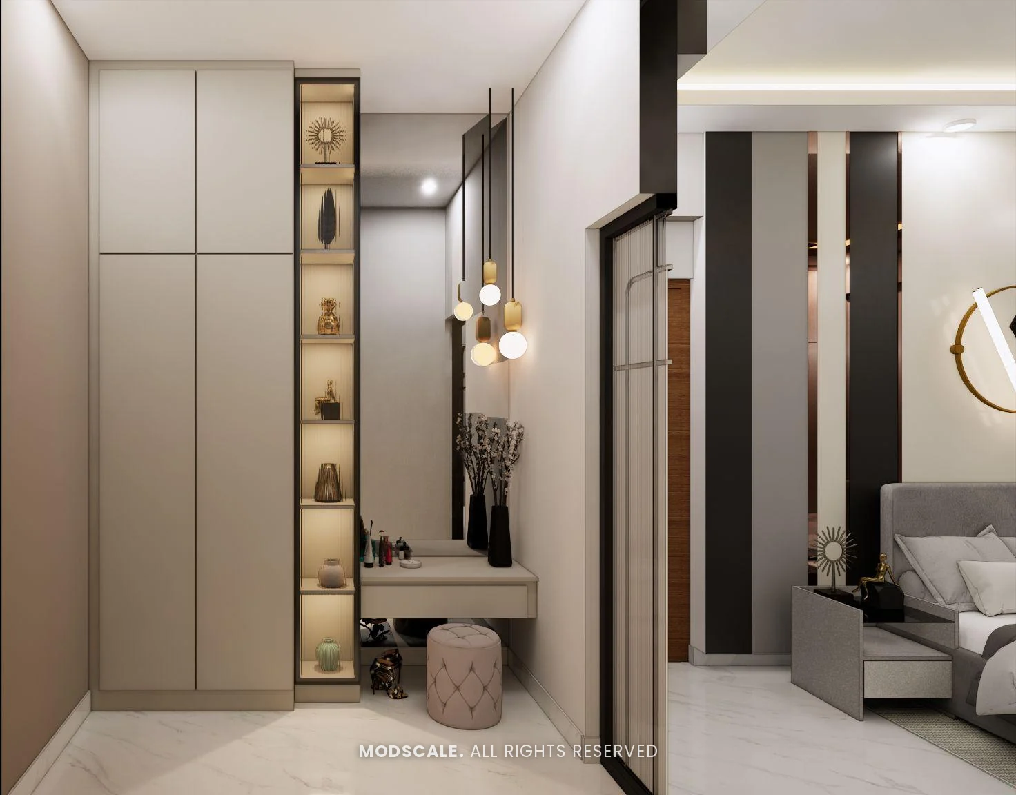 Master dresser with backlit display shelves and stool, Puneeth’s villa interior in Bannerghatta