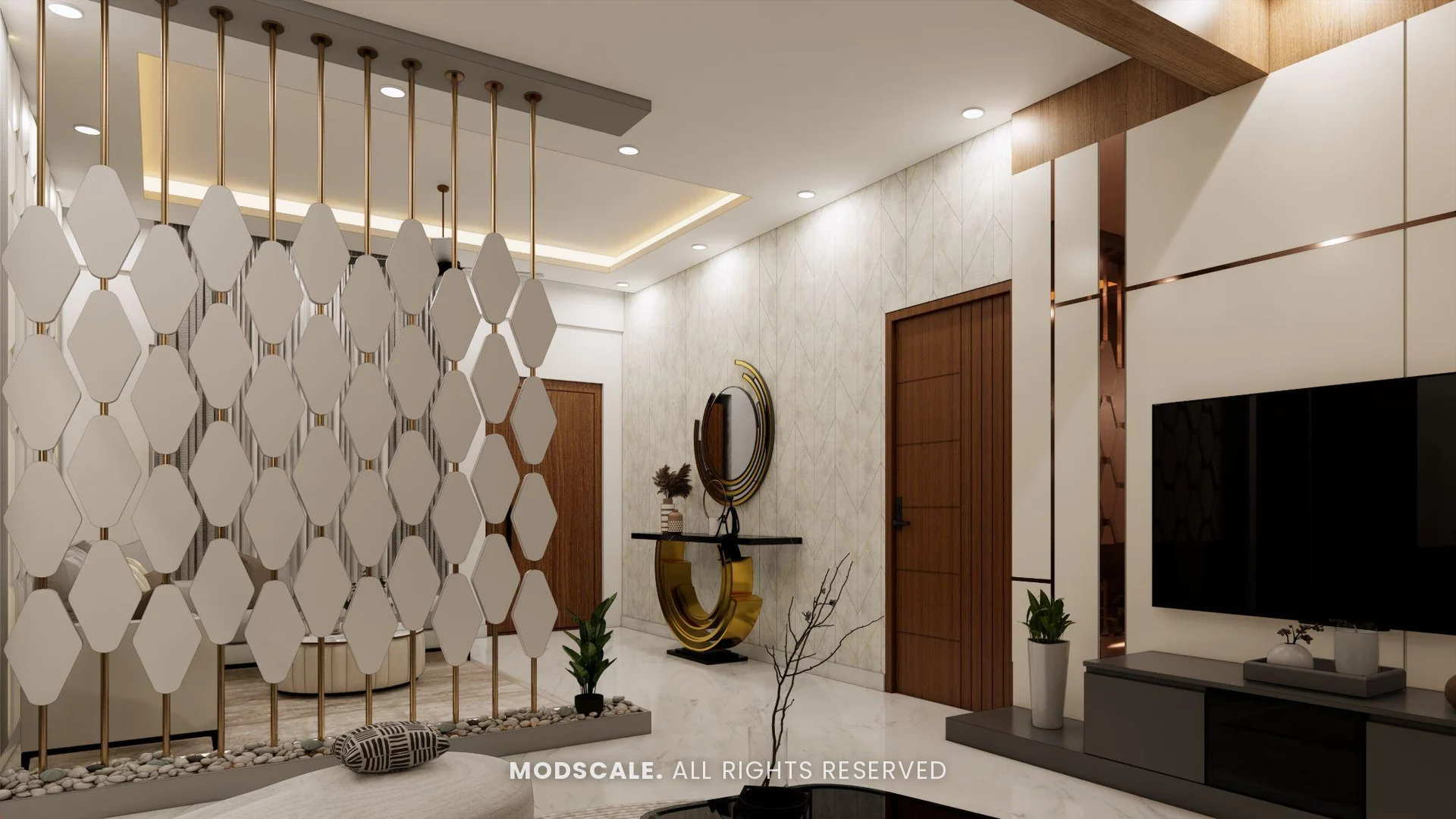 Foyer with hexagon-pattern screen partition and console, Puneeth’s villa interior in Bannerghatta