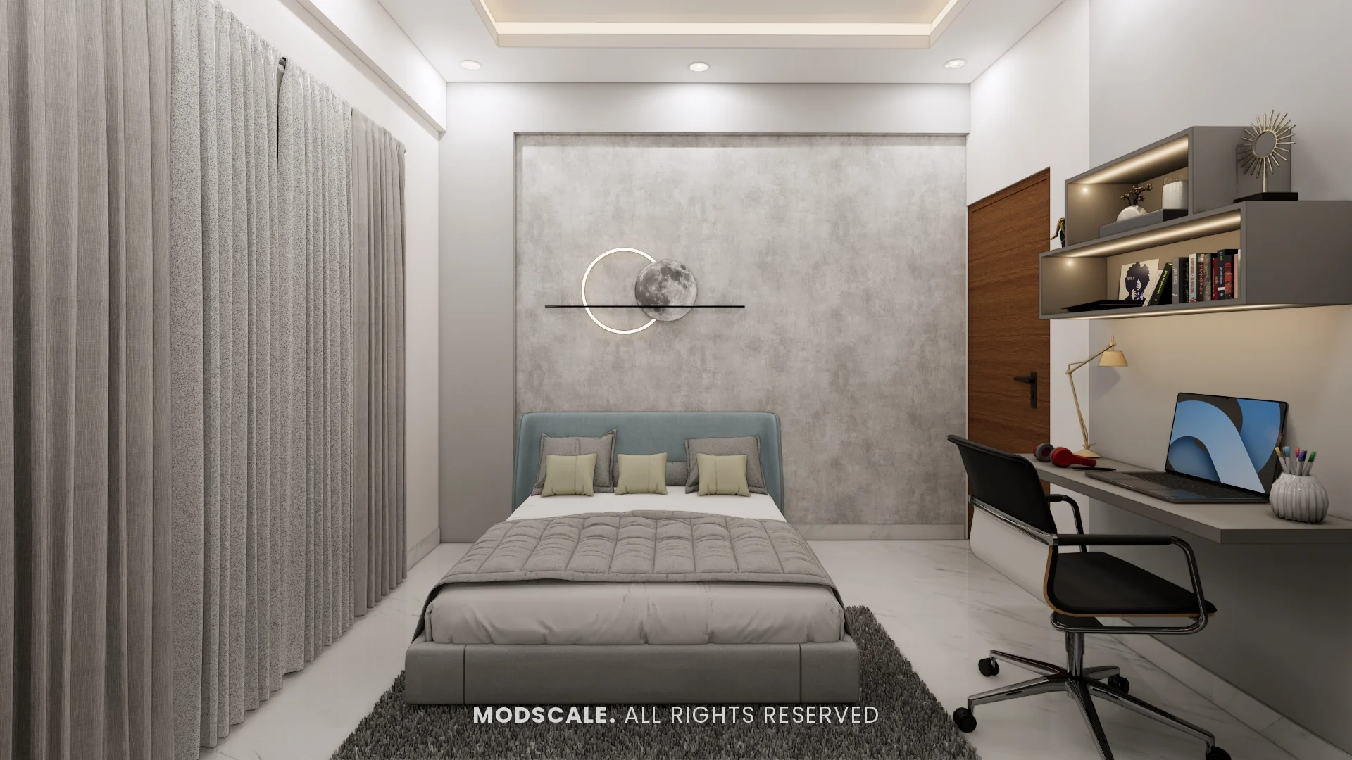 Guest bedroom with upholstered bed and study desk with wall shelves, Puneeth’s villa interior in Bannerghatta