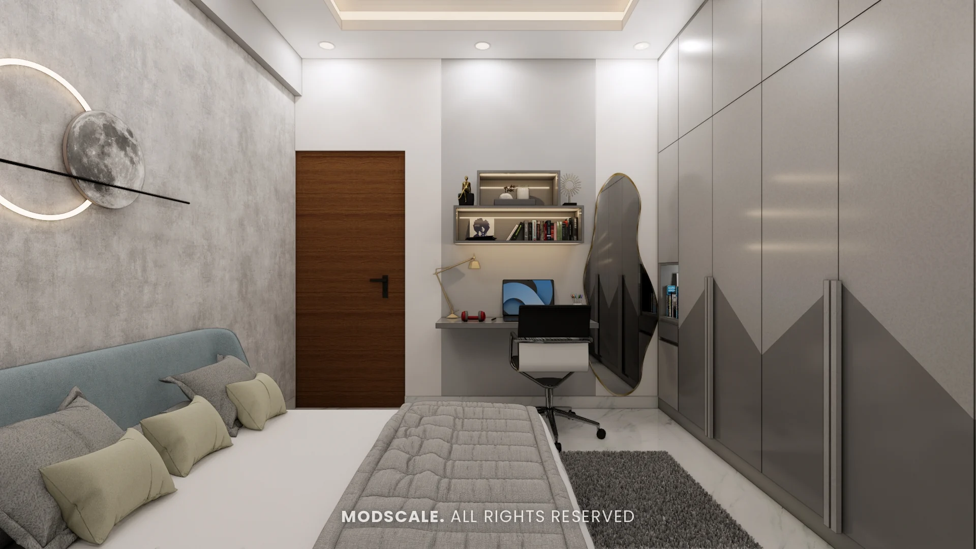 Guest bedroom study corner with backlit shelves, Puneeth’s villa interior in Bannerghatta