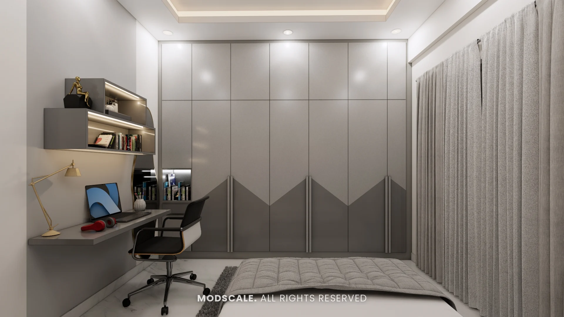 Guest bedroom wardrobe with zigzag two-tone shutters, Puneeth’s villa interior in Bannerghatta