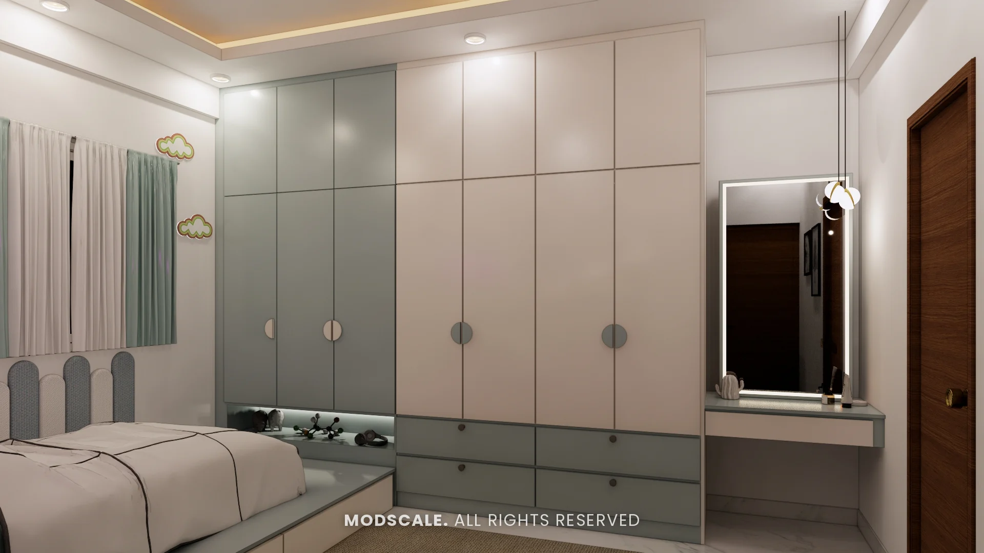 Kids bedroom wardrobe in sage and cream with backlit mirror dresser, Puneeth’s villa interior in Bannerghatta