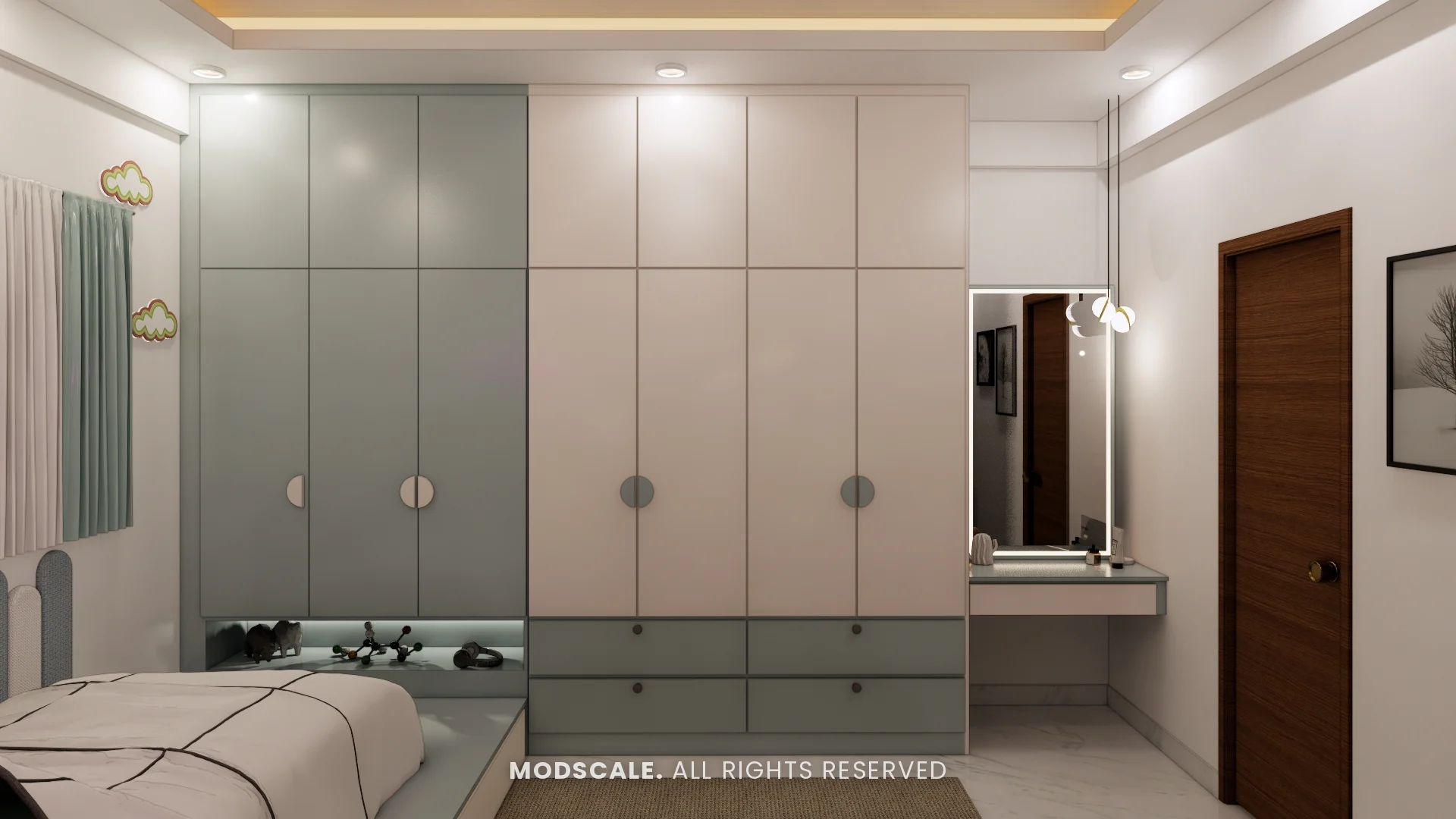 Kids wardrobe wall with half-round handles and drawers, Puneeth’s villa interior in Bannerghatta
