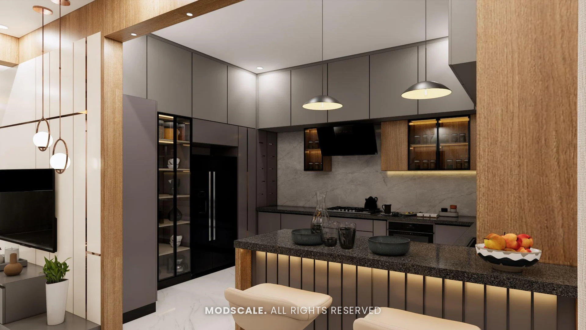 Modular kitchen in dark grey with backlit breakfast counter and pendant lights, Puneeth’s villa interior in Bannerghatta