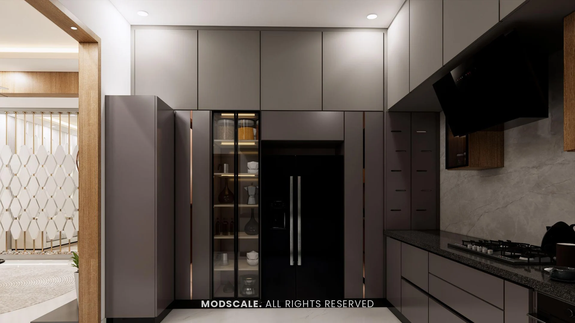 Kitchen tall units with built-in refrigerator and glass-shutter storage, Puneeth’s villa interior in Bannerghatta