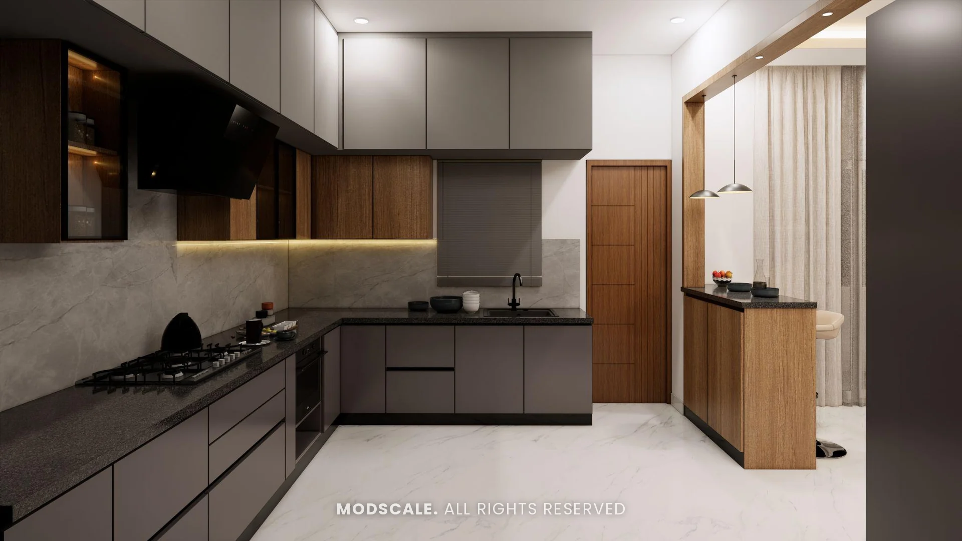 L-shaped kitchen counter with under-cabinet lighting and wood accents, Puneeth’s villa interior in Bannerghatta