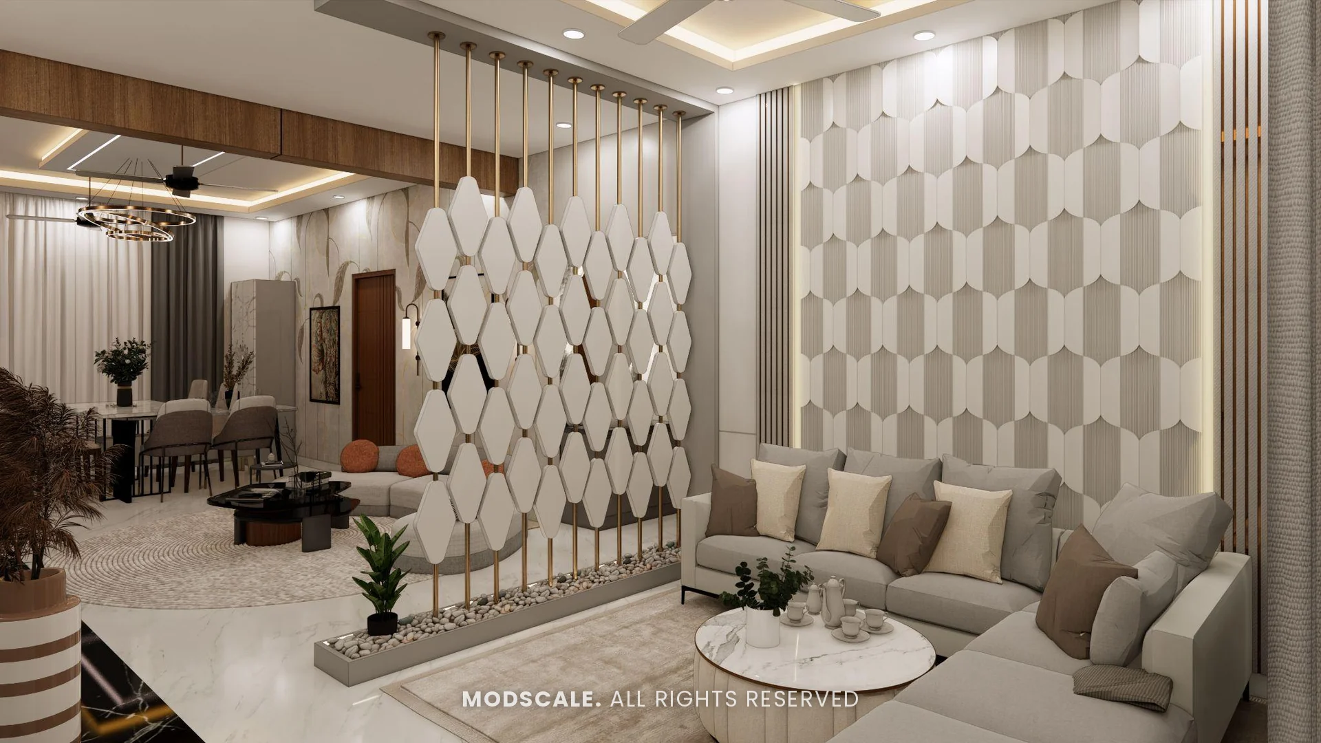 Living room with hexagon-pattern feature wall, grey sectional sofa and geometric screen partition, Puneeth’s villa interior in Bannerghatta