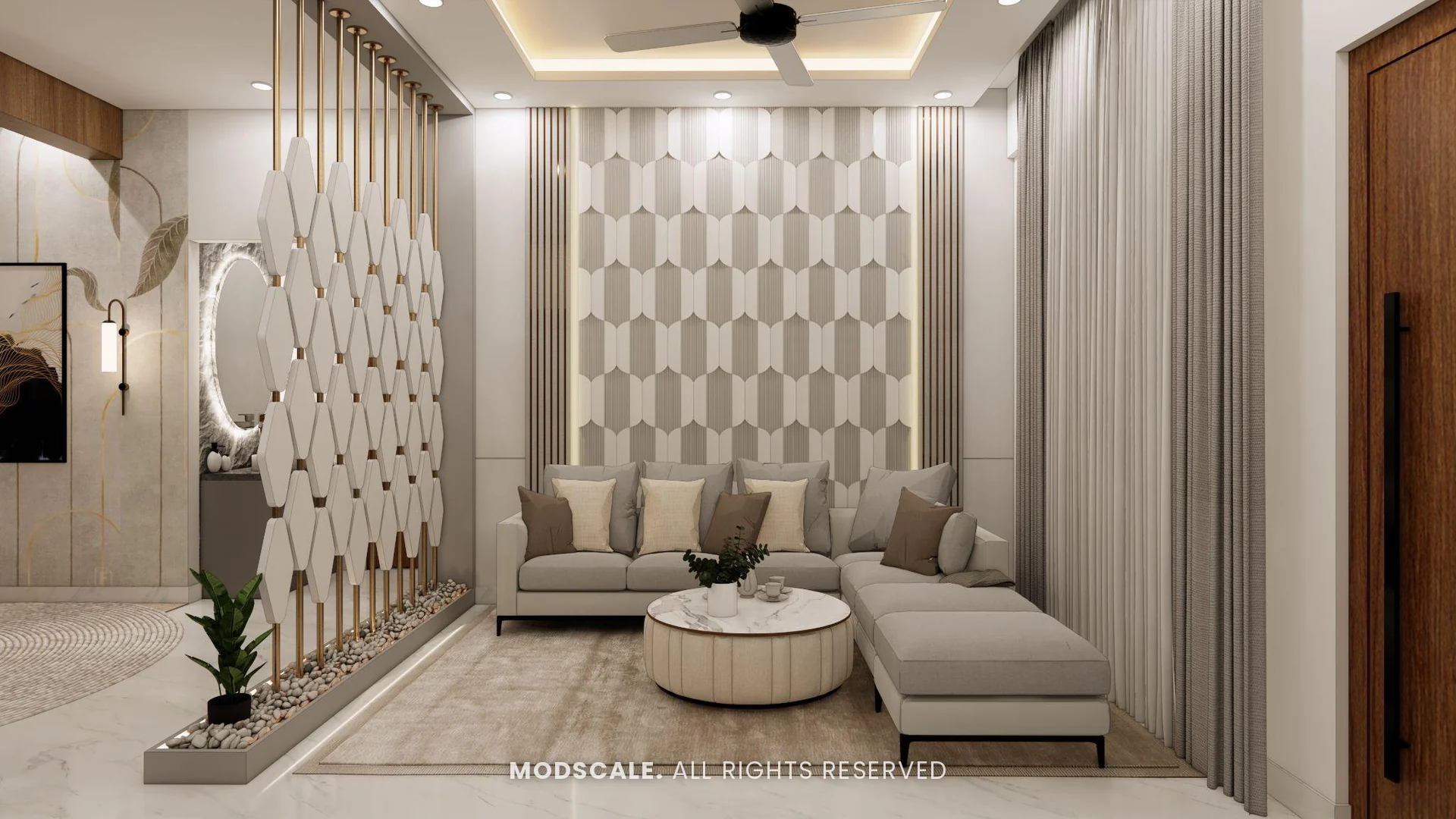 Sofa wall with hexagon panels, backlit round mirror and full-height curtains, Puneeth’s villa interior in Bannerghatta