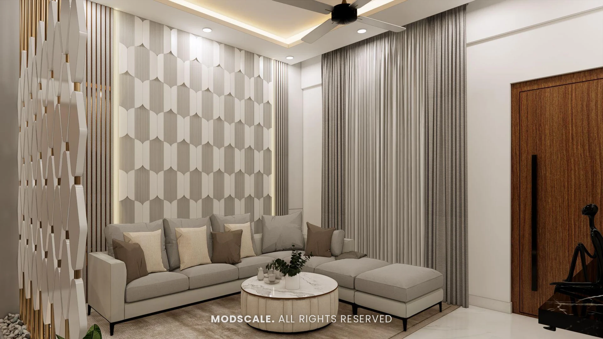 Living room seating with round nesting tables beside the screen partition, Puneeth’s villa interior in Bannerghatta