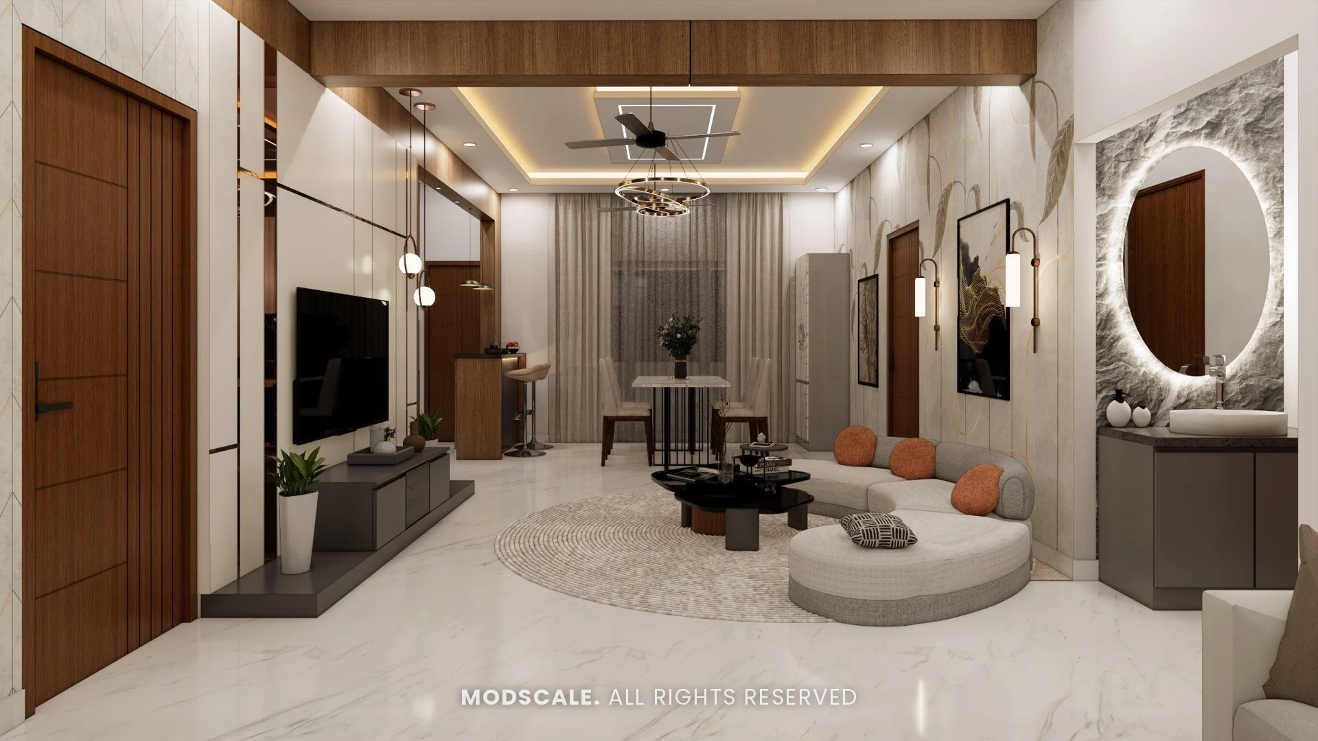 Living room with curved sofa facing the TV unit and backlit oval mirror, Puneeth’s villa interior in Bannerghatta