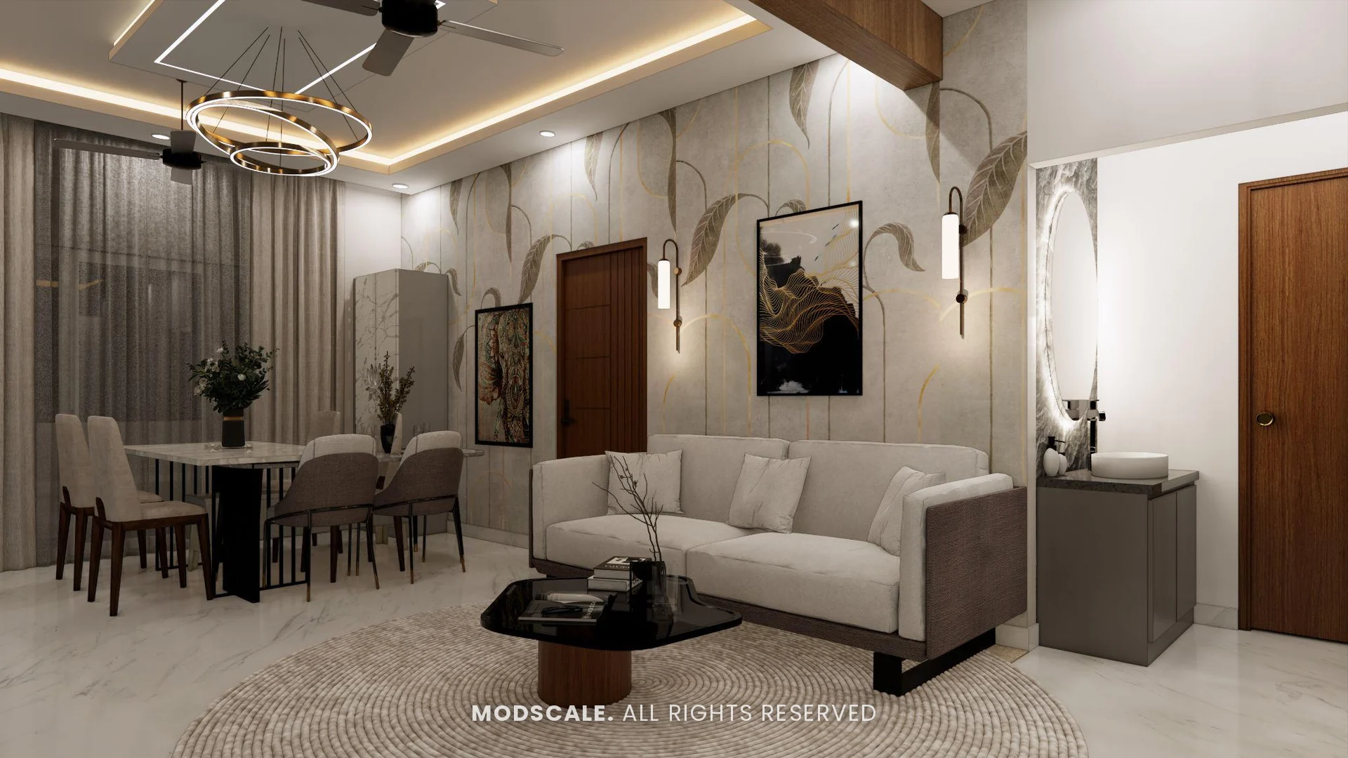 Second sofa option with the dining area behind, Puneeth’s villa interior in Bannerghatta