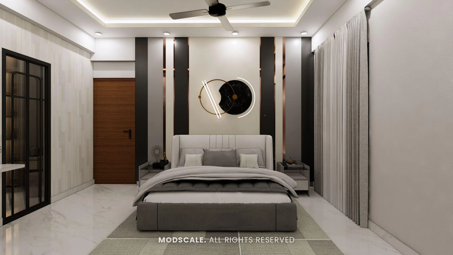 Master bedroom with upholstered bed, round backlit mirror panel and dark fluted strips, Puneeth’s villa interior in Bannerghatta