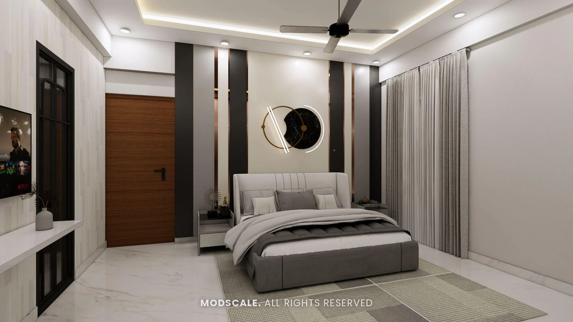 Master bedroom bed wall with glass-door wardrobe entry, Puneeth’s villa interior in Bannerghatta