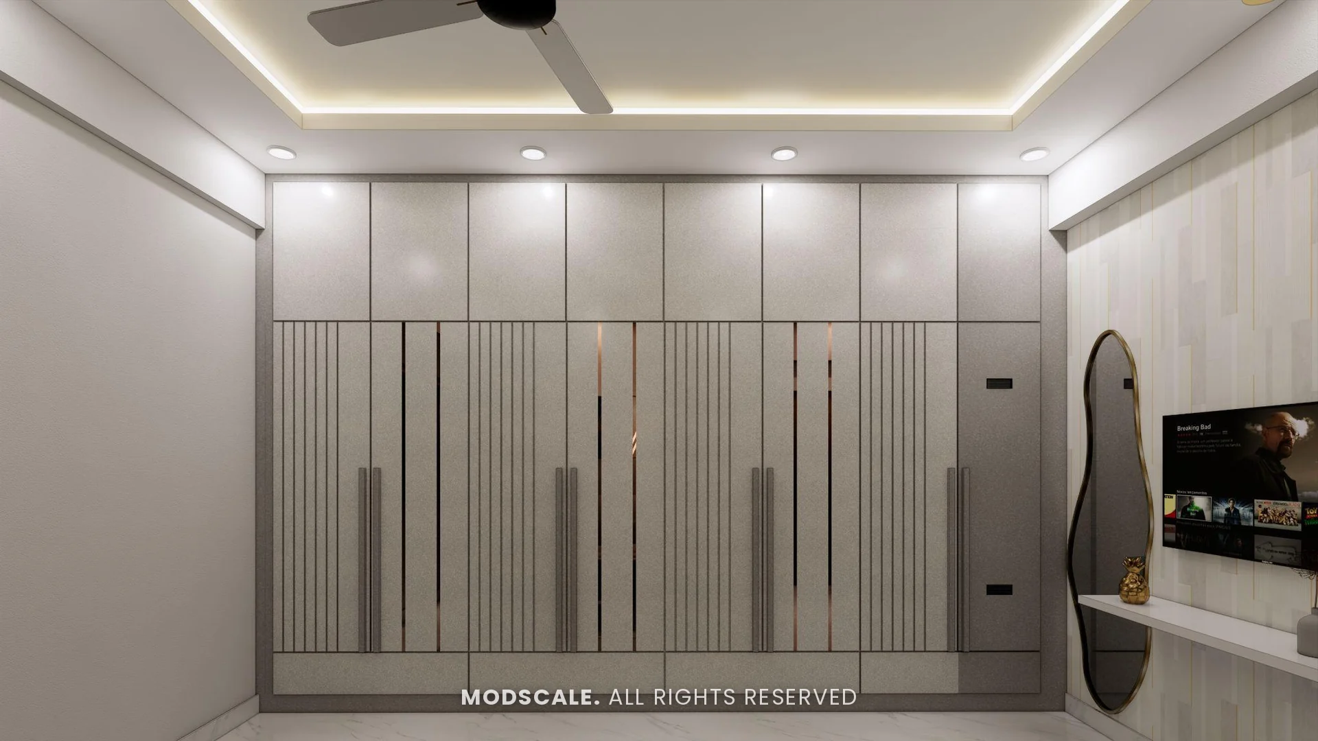 Full-width master wardrobe with vertical handle strips, Puneeth’s villa interior in Bannerghatta