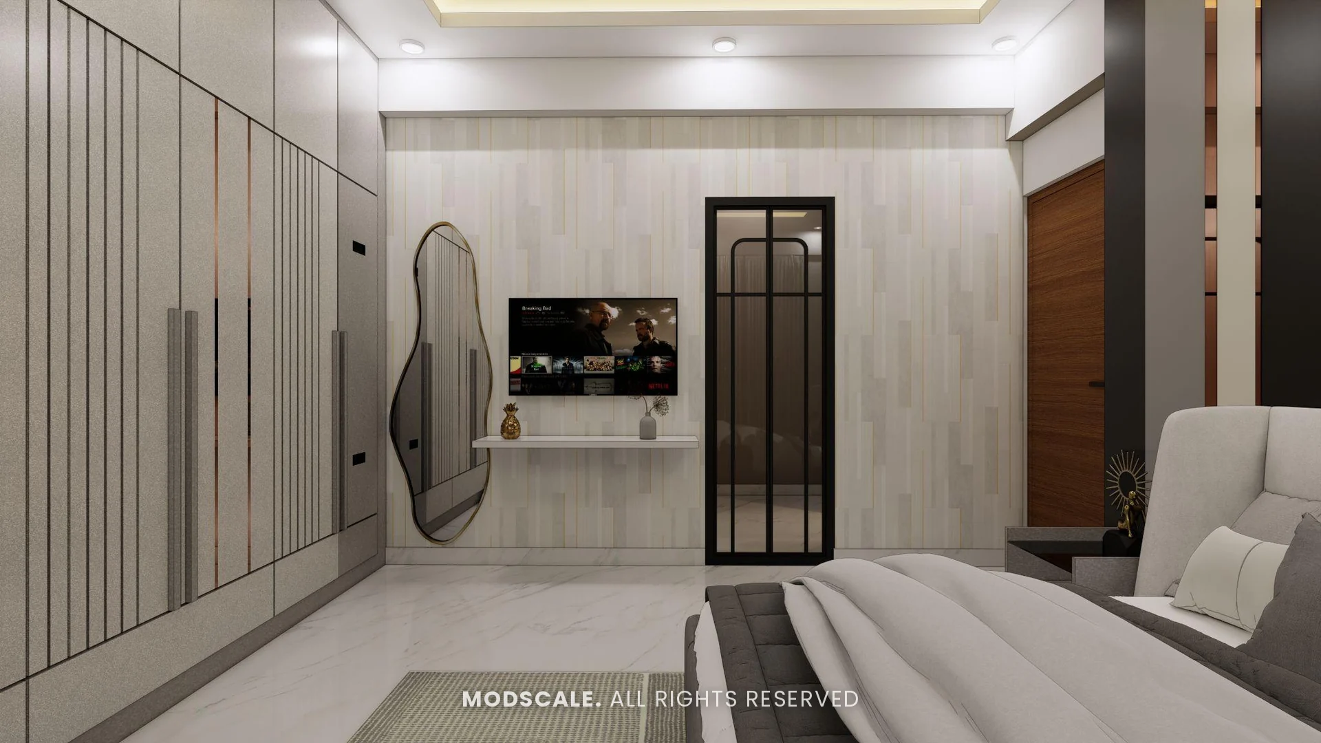 Master bedroom TV wall with shaped mirror and wardrobe, Puneeth’s villa interior in Bannerghatta