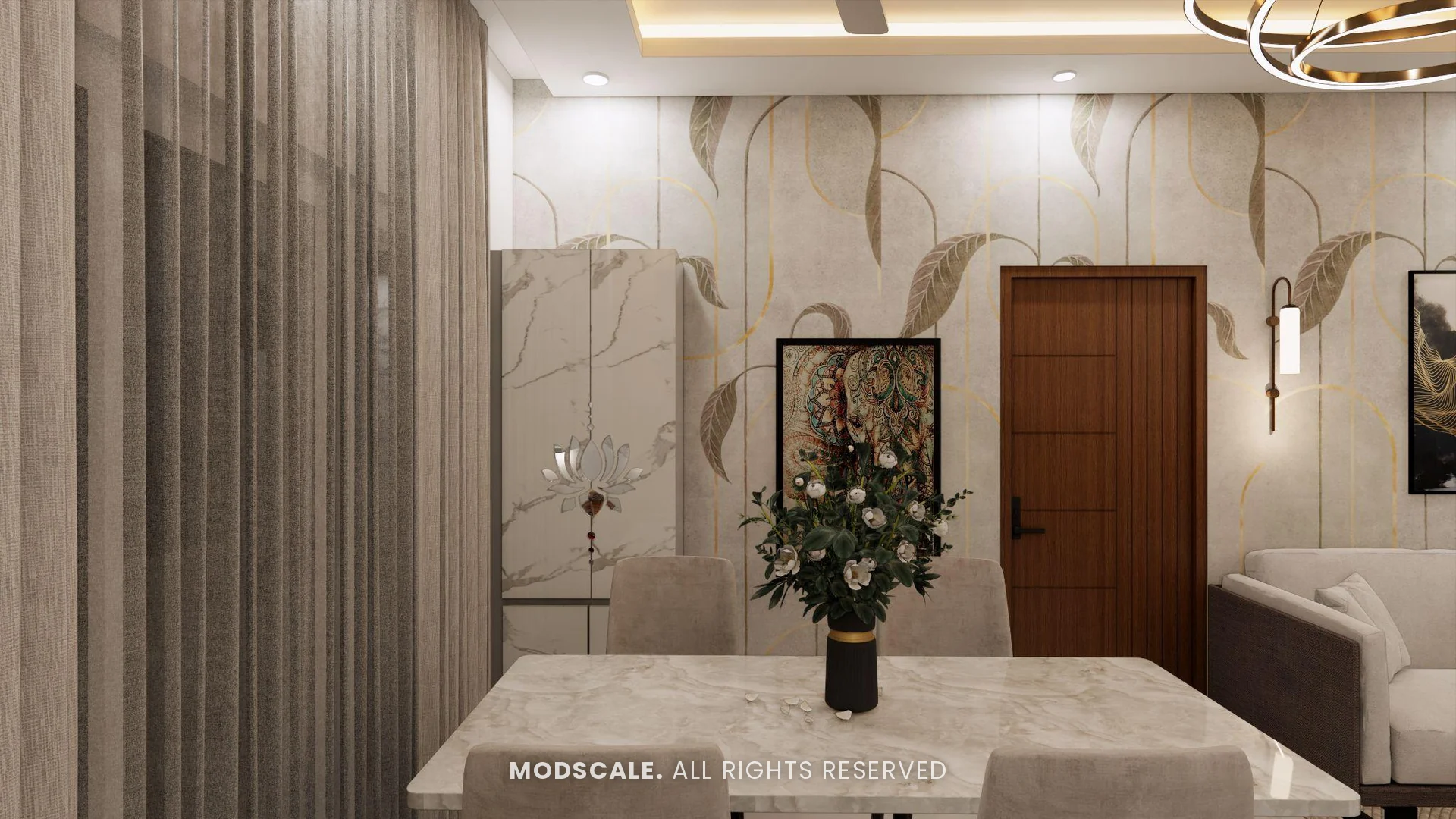 Marble-finish pooja unit with lotus motif beside the dining table, Puneeth’s villa interior in Bannerghatta