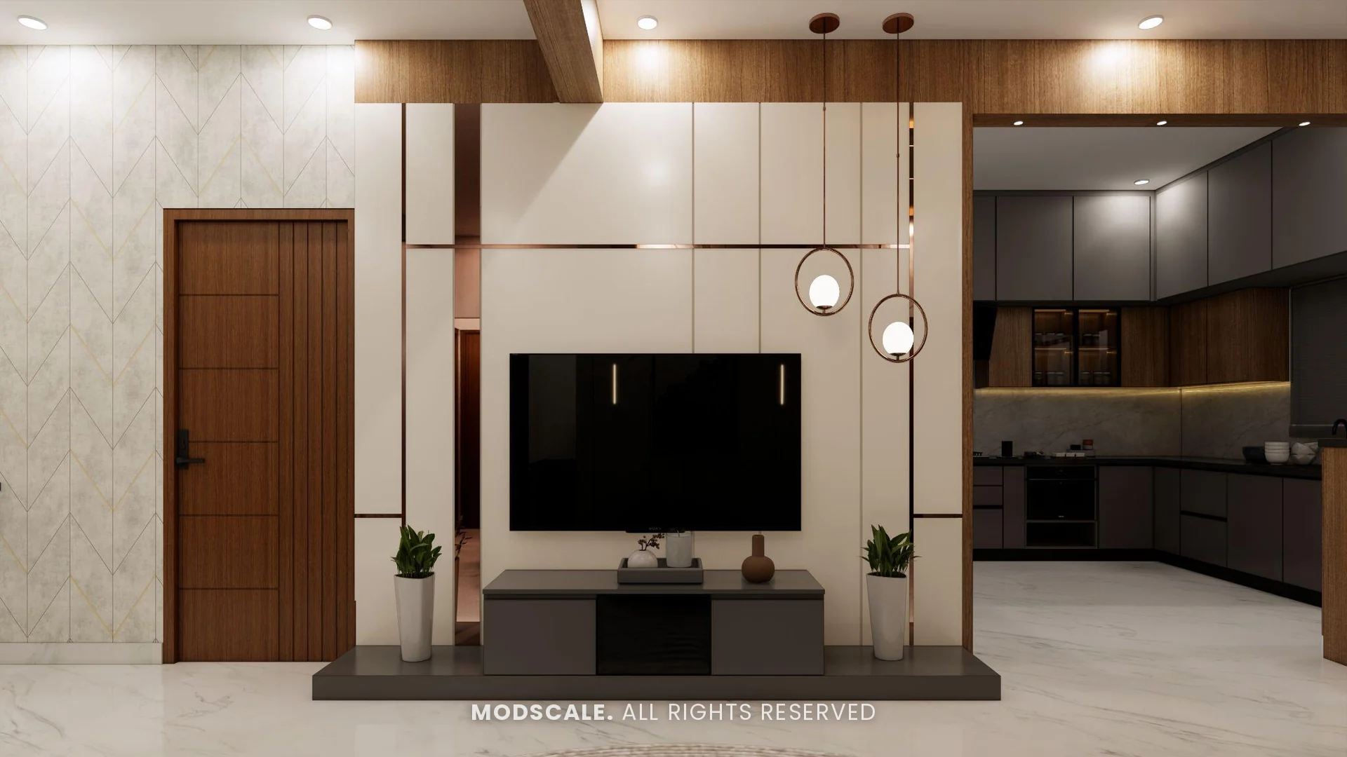 TV unit with floating console and pendant lights, kitchen visible beyond, Puneeth’s villa interior in Bannerghatta