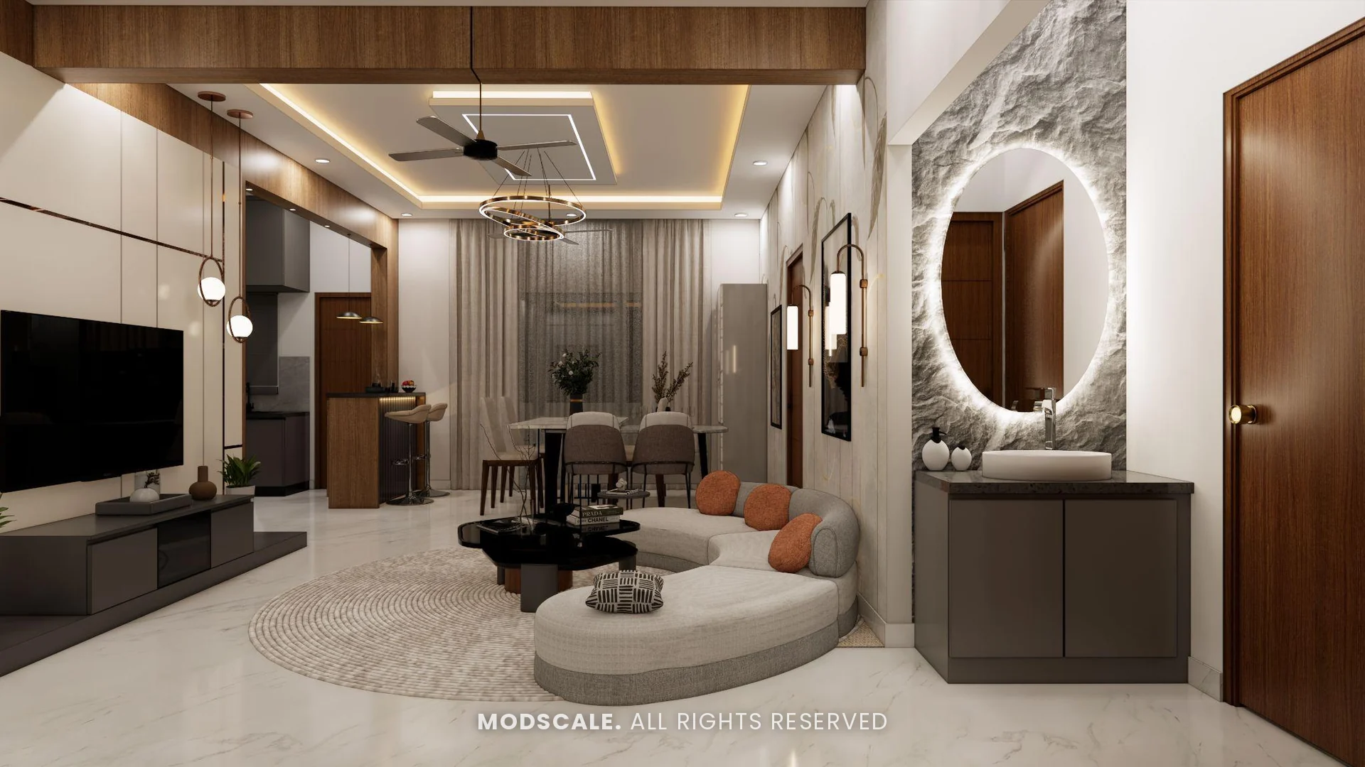 Wash counter with backlit oval mirror next to the living room, Puneeth’s villa interior in Bannerghatta