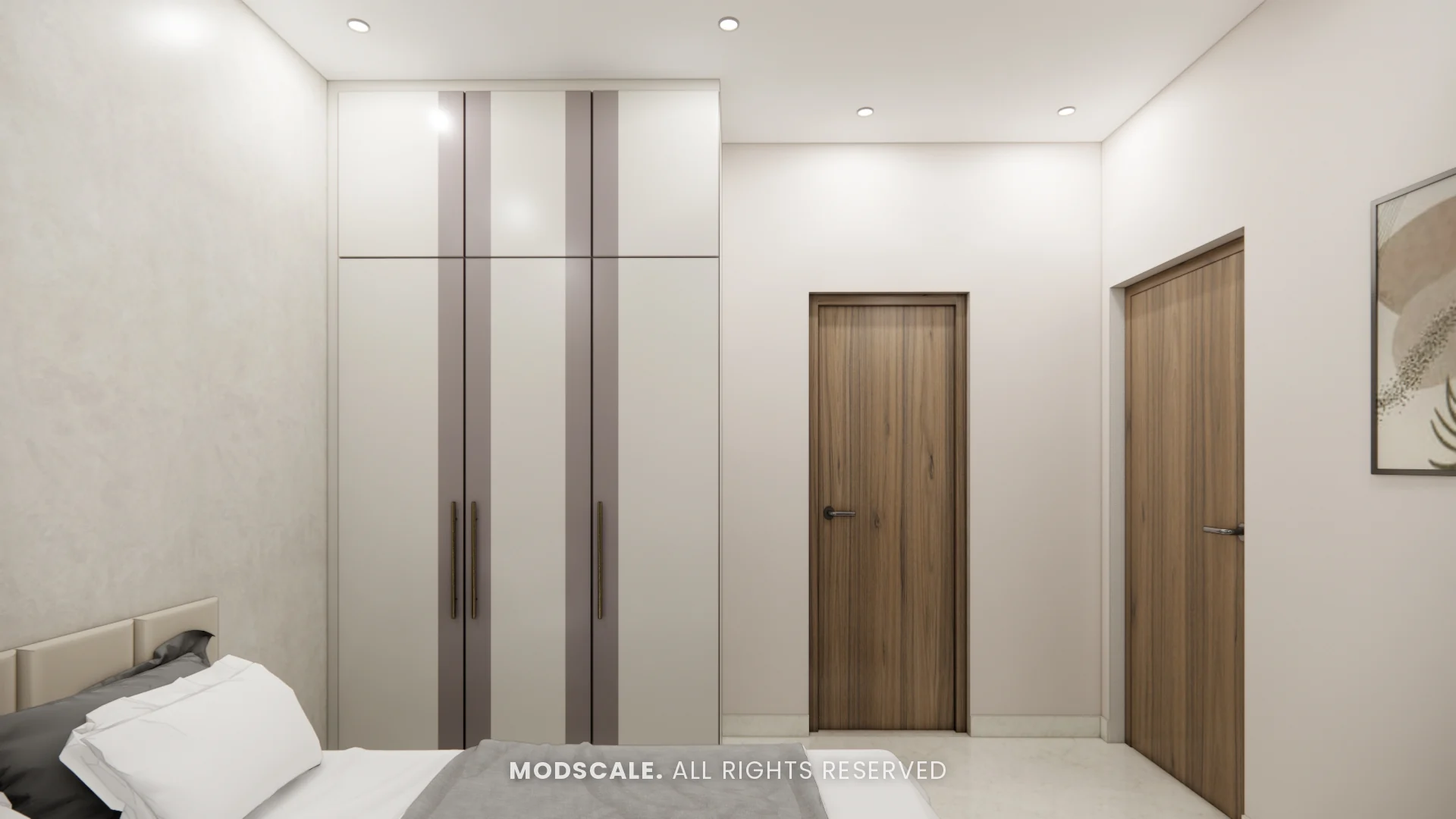 Bedroom with full-height cream wardrobe with mirror strip, Rahul Rao’s apartment interior in Ramagondanahalli