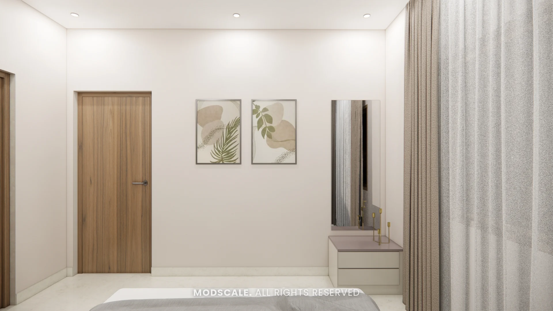 Bedroom wall with botanical frames and dresser by the curtains, Rahul Rao’s apartment interior in Ramagondanahalli