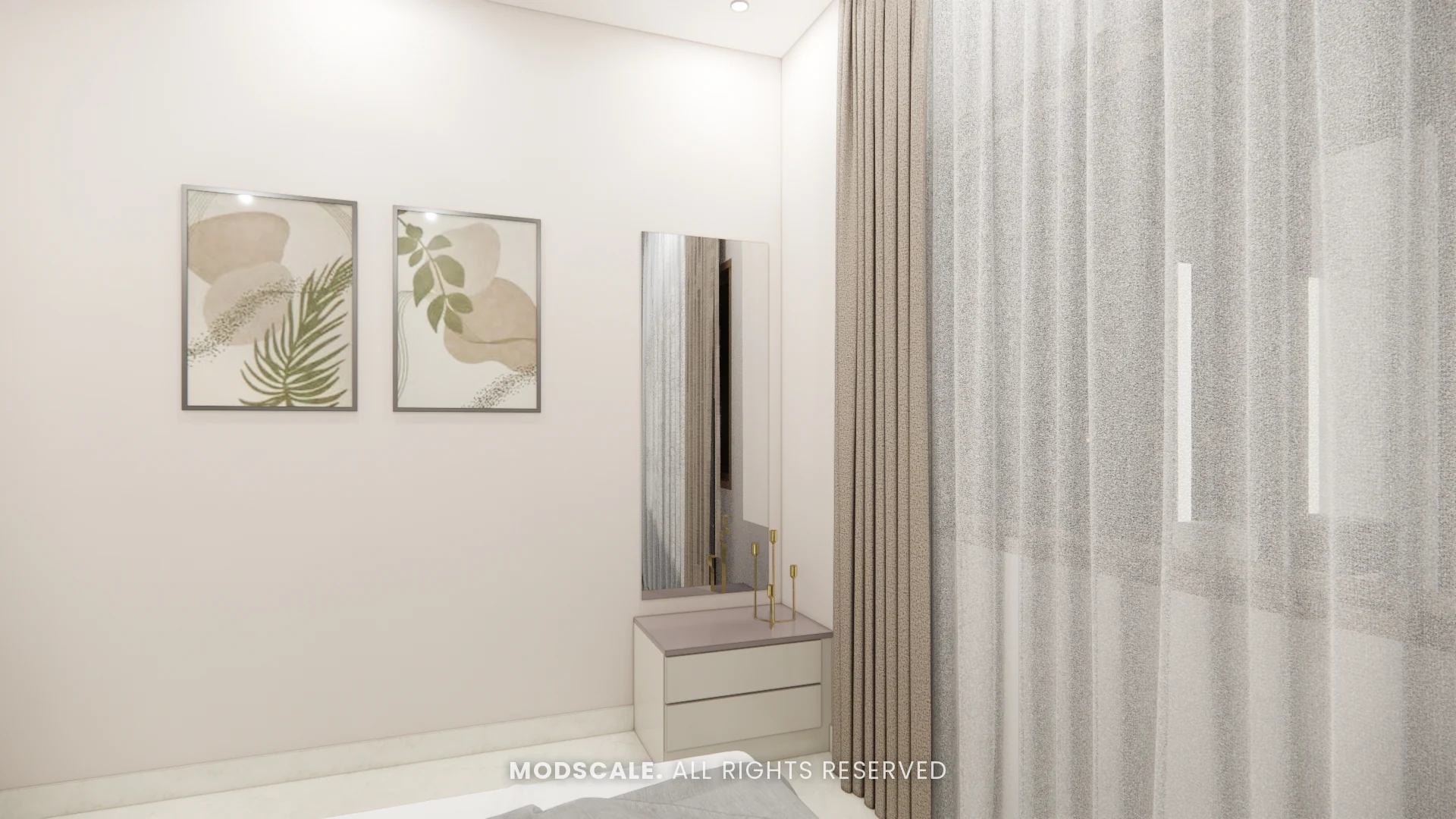 Dresser with slim mirror beside full-height sheer curtains, Rahul Rao’s apartment interior in Ramagondanahalli