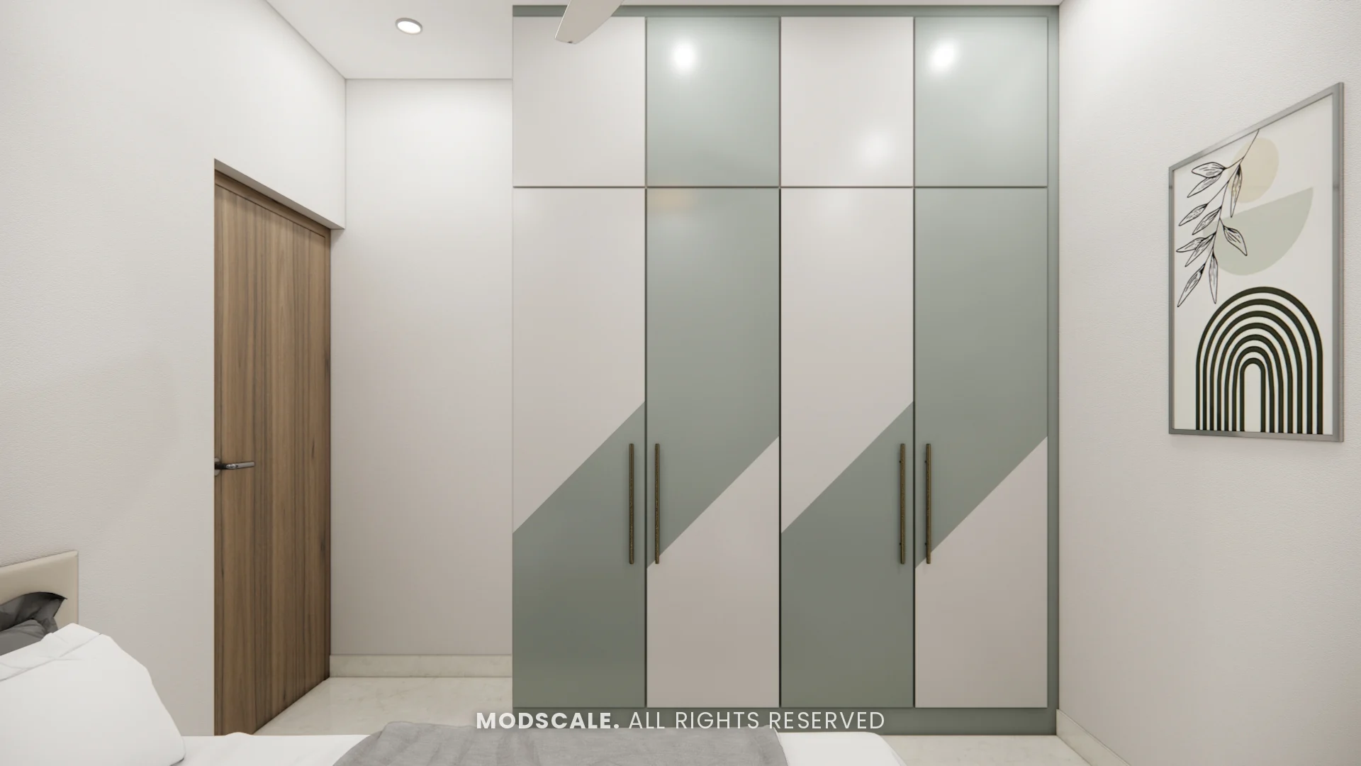 Wardrobe with diagonal sage green and white shutter pattern, Rahul Rao’s apartment interior in Ramagondanahalli