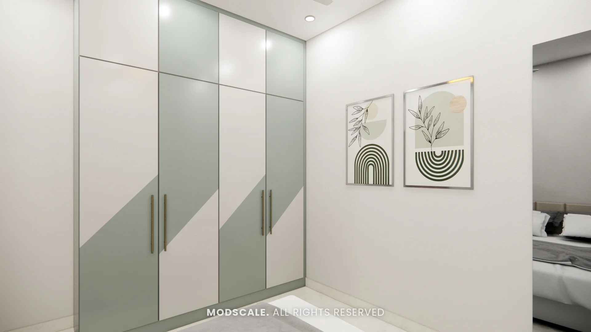 Bedroom wardrobe wall with framed arch prints, Rahul Rao’s apartment interior in Ramagondanahalli