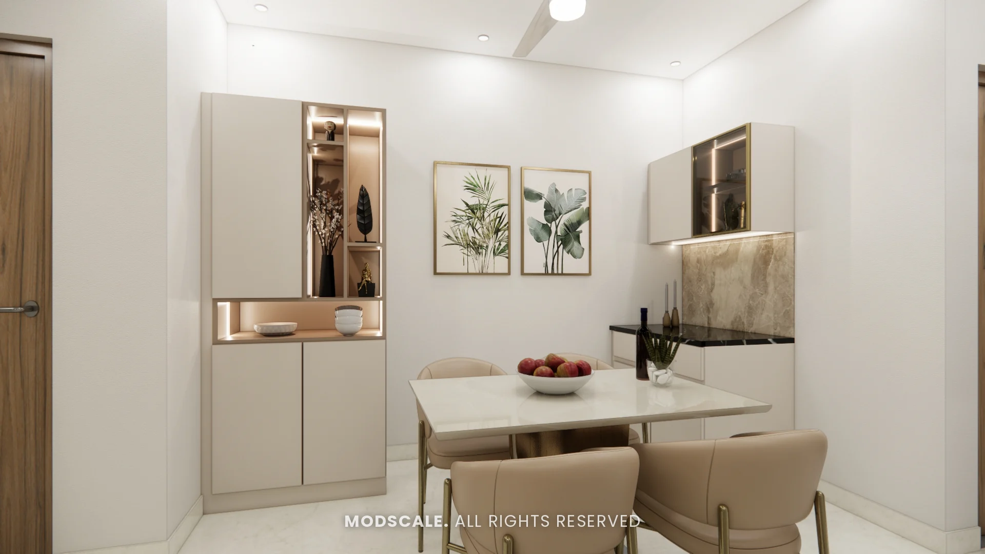 Dining table with tan chairs beside a crockery unit with glass display shelves, Rahul Rao’s apartment interior in Ramagondanahalli