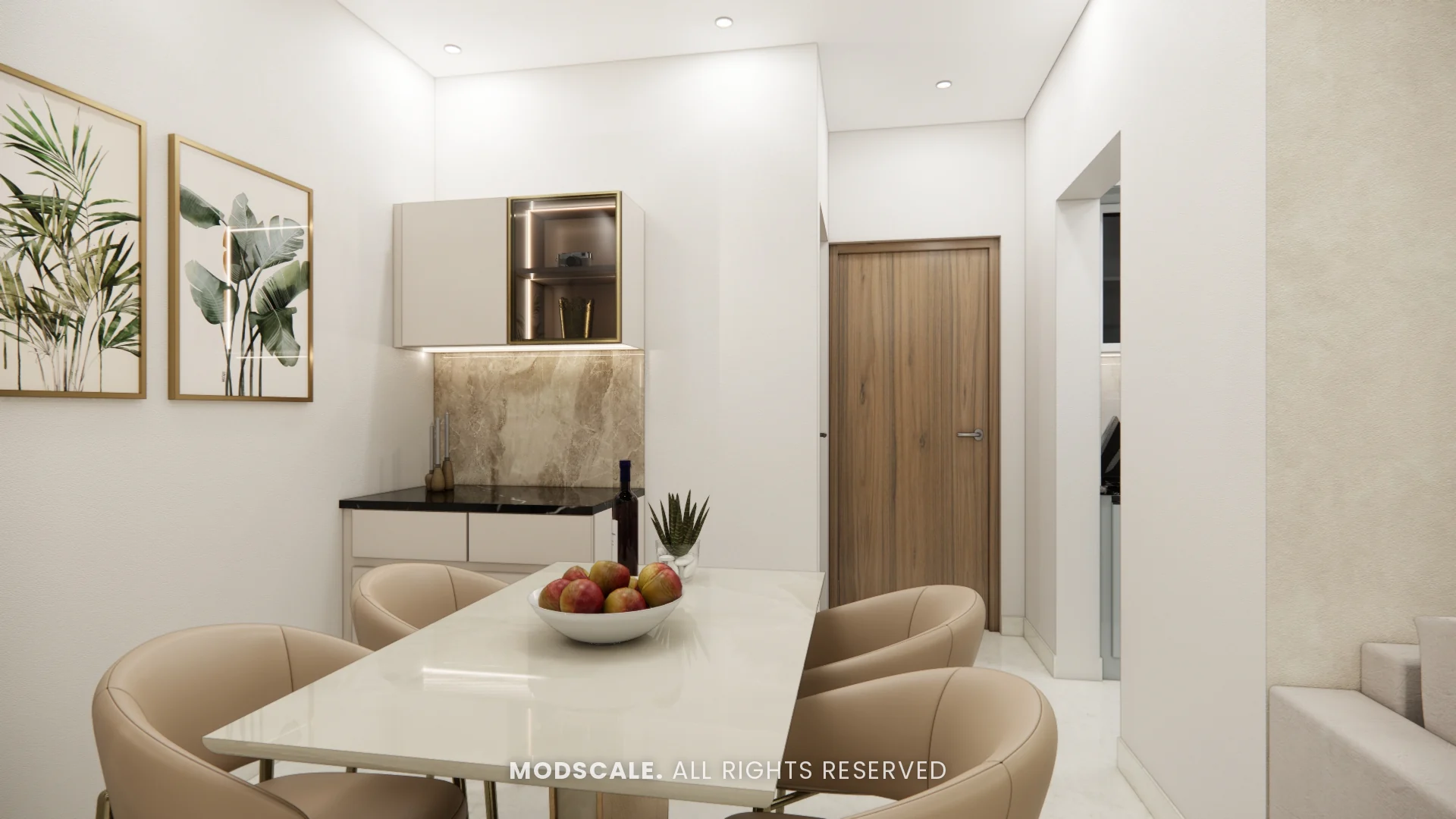 Dining area with botanical wall frames and bar counter niche, Rahul Rao’s apartment interior in Ramagondanahalli