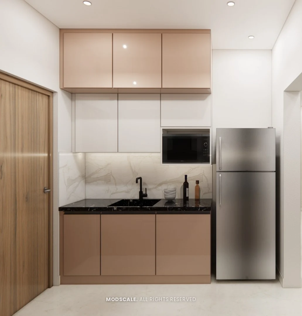 Kitchen sink counter with refrigerator bay and overhead cabinets, Rahul Rao’s apartment interior in Ramagondanahalli