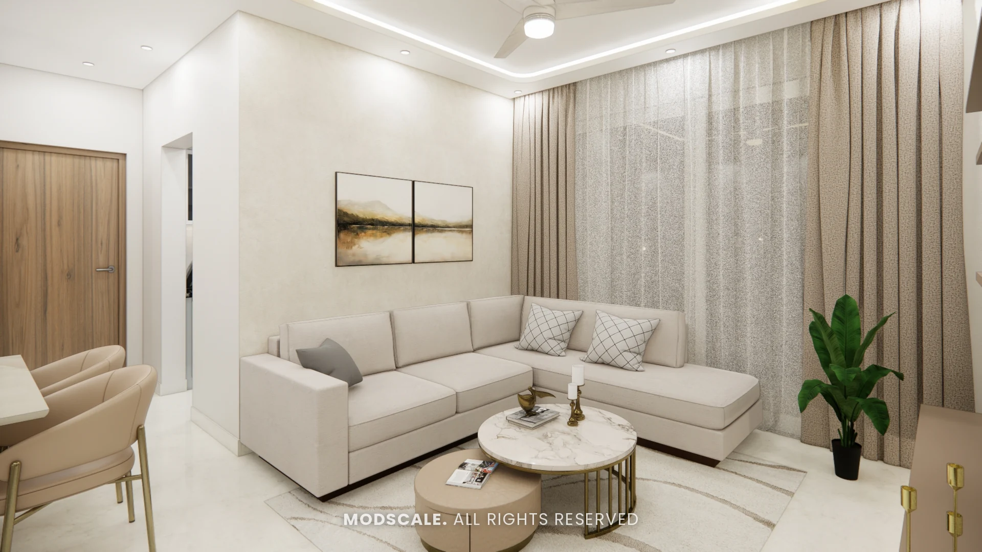 Living room with beige L-shaped sofa, round nesting tables and landscape wall art, Rahul Rao’s apartment interior in Ramagondanahalli