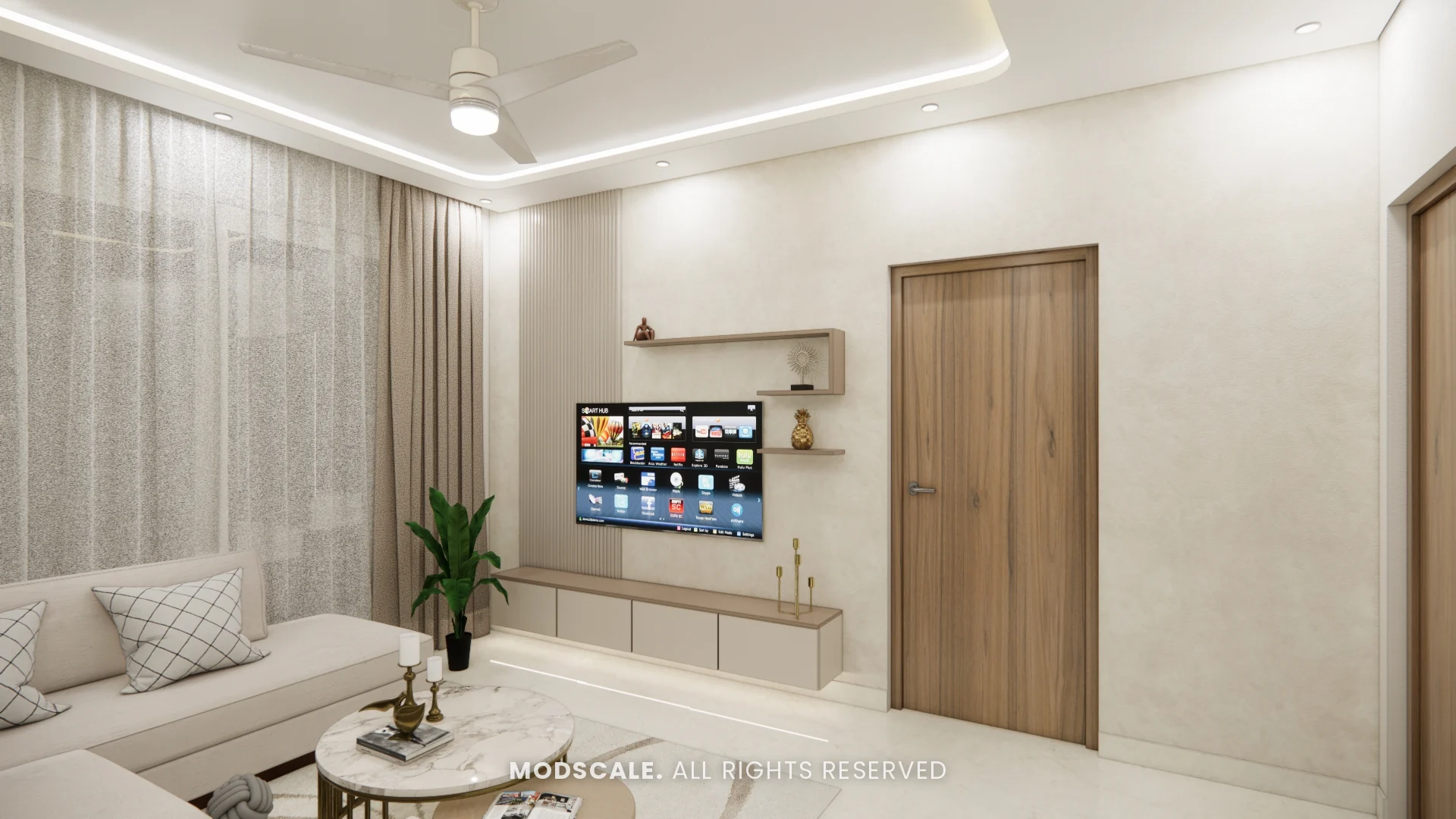 Living room view towards the TV wall with sheer curtains, Rahul Rao’s apartment interior in Ramagondanahalli