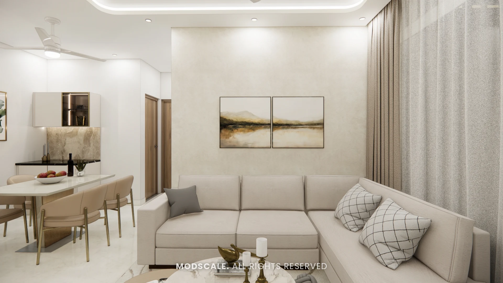 Sofa seating with the dining area beyond, Rahul Rao’s apartment interior in Ramagondanahalli