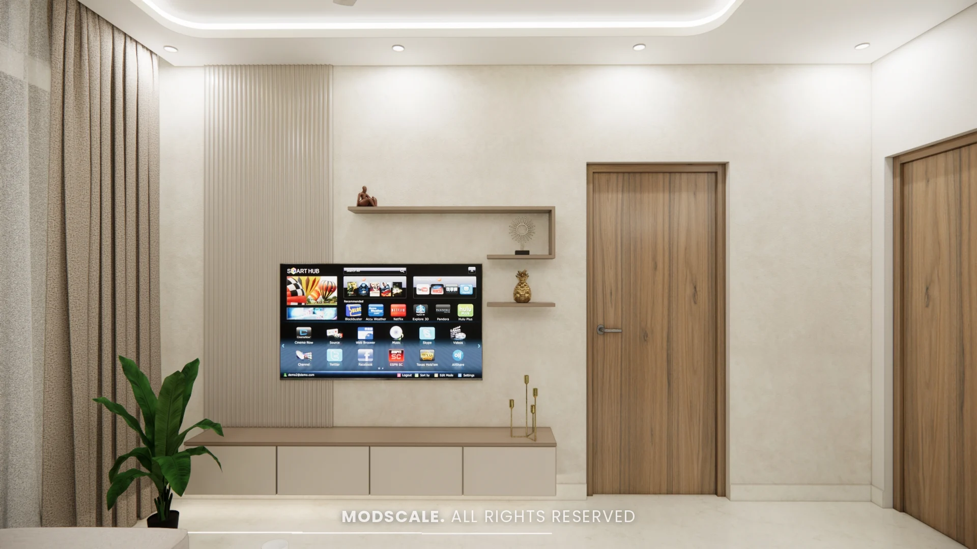 Wall-mounted TV with floating console and wall shelf in a cream living room, Rahul Rao’s apartment interior in Ramagondanahalli