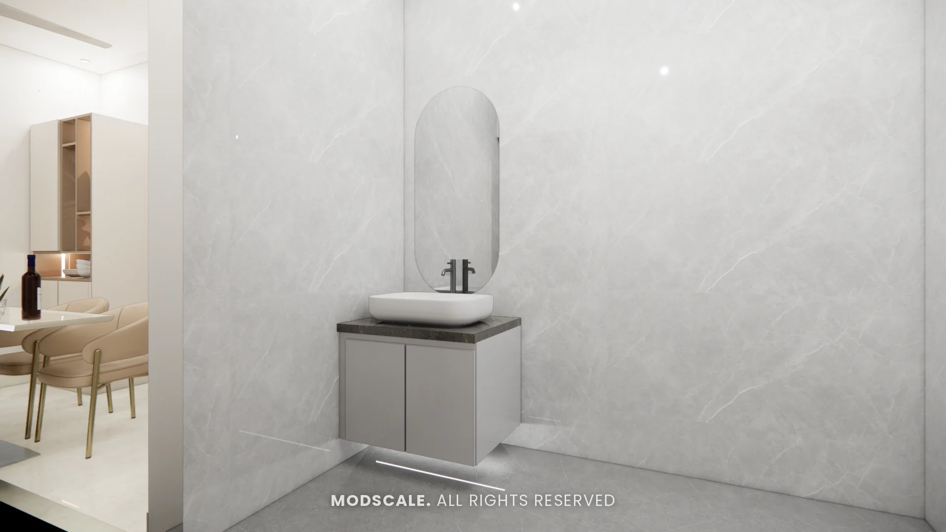 Common washroom vanity with pill-shaped mirror and marble-finish wall, Rahul Rao’s apartment interior in Ramagondanahalli