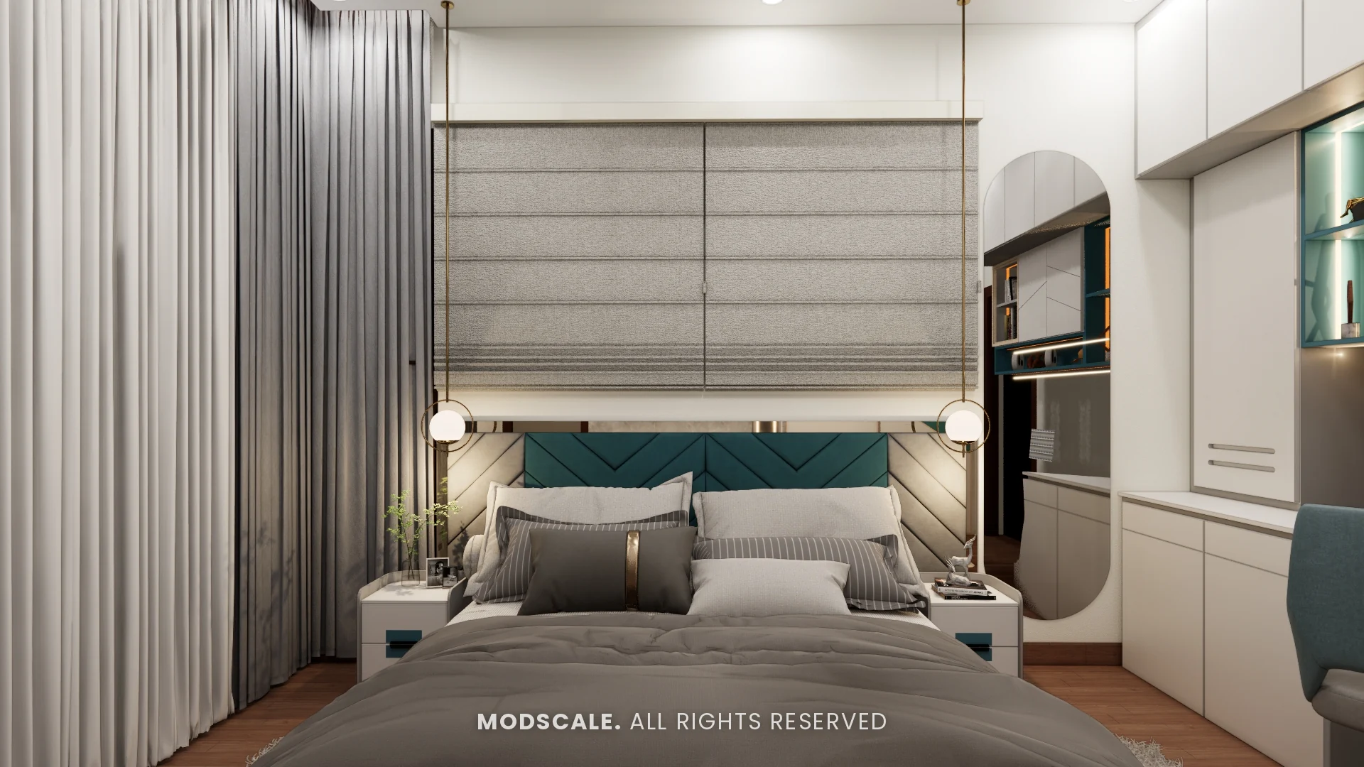 Bed with teal chevron headboard between hanging globe lights, below a roman blind, Rakesh and Namrata’s villa interior at NVT Symphony of Orchards, Bengaluru