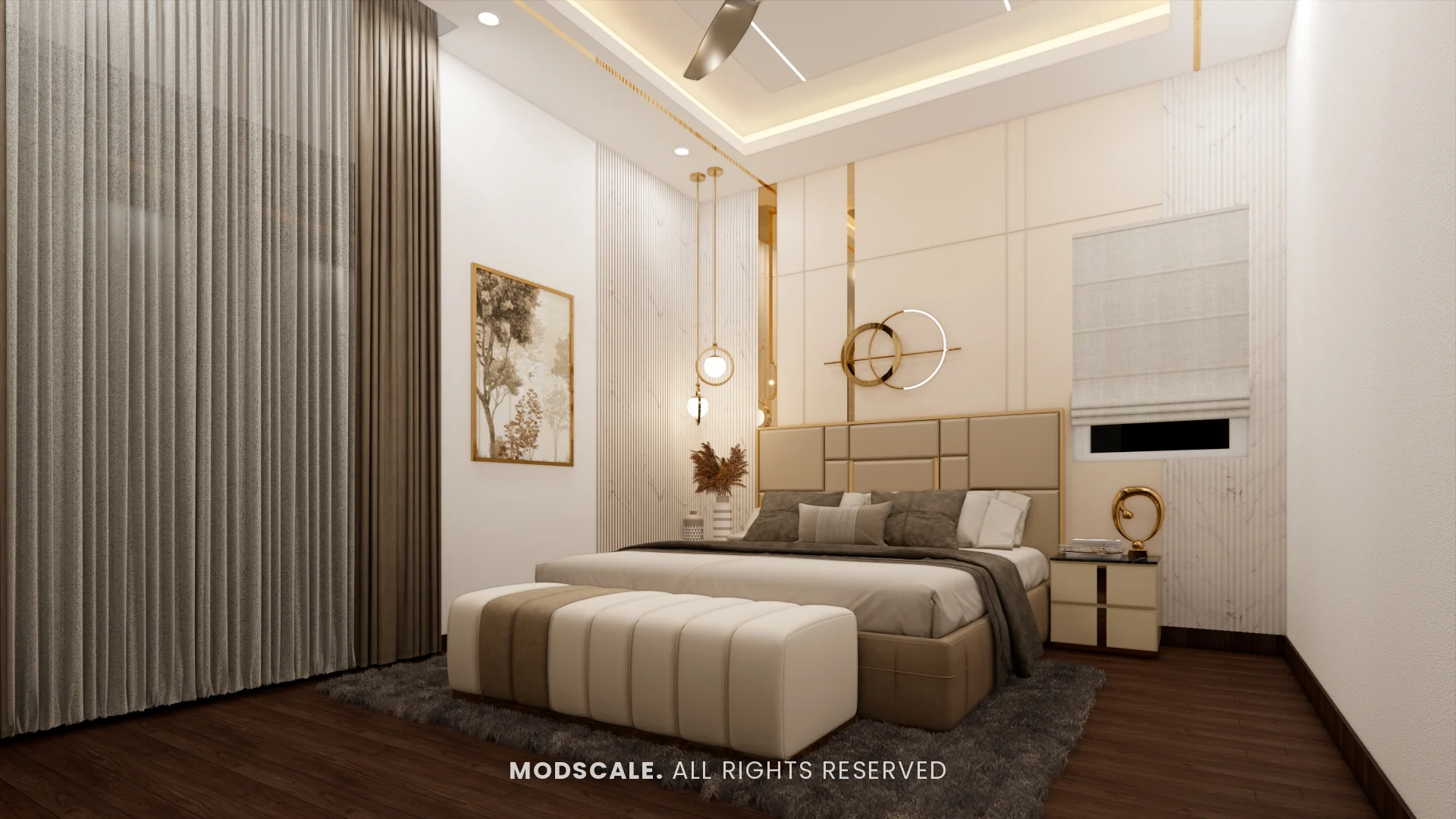 First-floor bedroom with panelled beige headboard, brass ring wall art, pendants and upholstered bench, Rakesh and Namrata’s villa interior at NVT Symphony of Orchards, Bengaluru