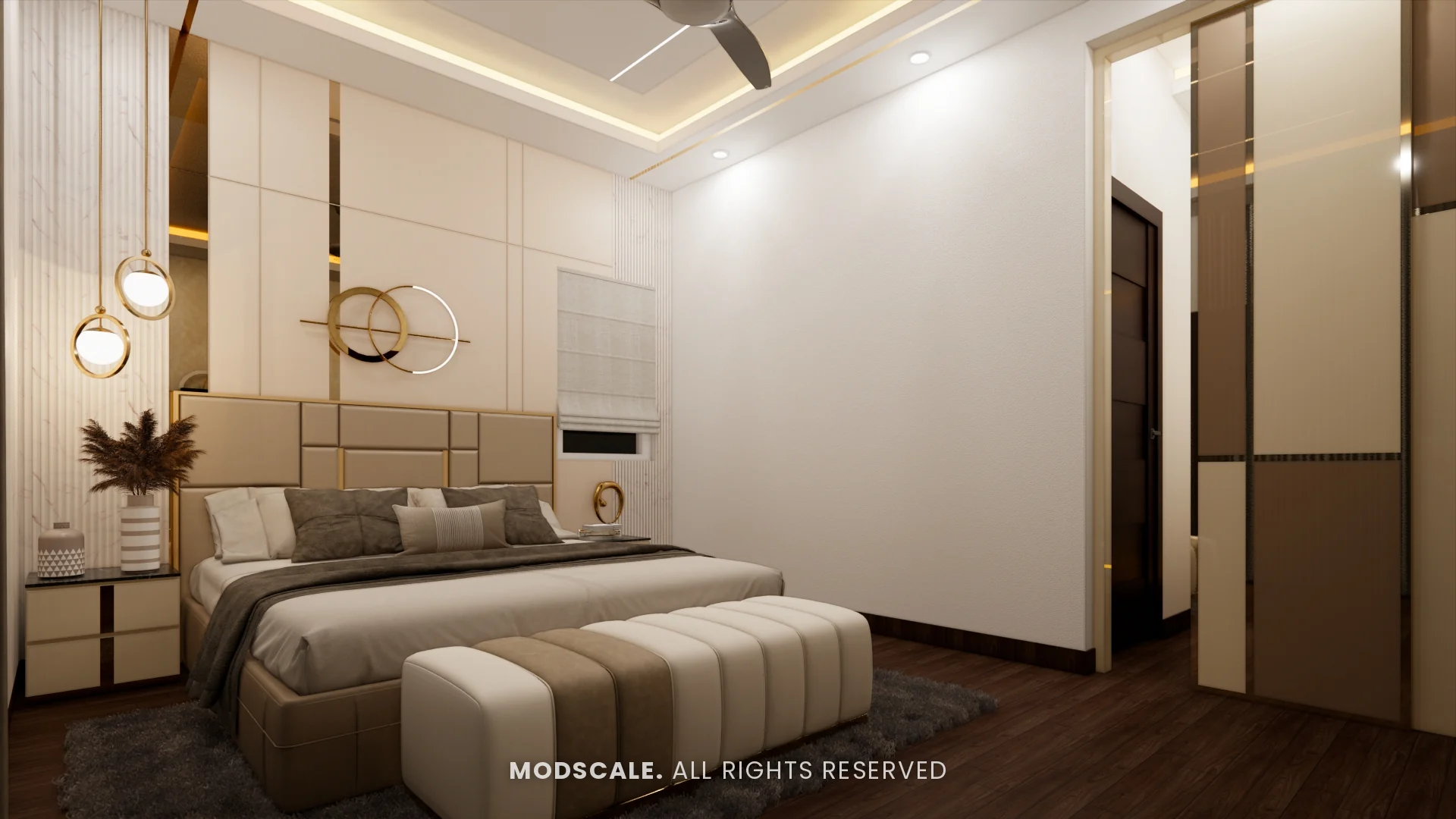 Bed and bench with cove-lit ceiling and the dressing area entrance alongside, Rakesh and Namrata’s villa interior at NVT Symphony of Orchards, Bengaluru