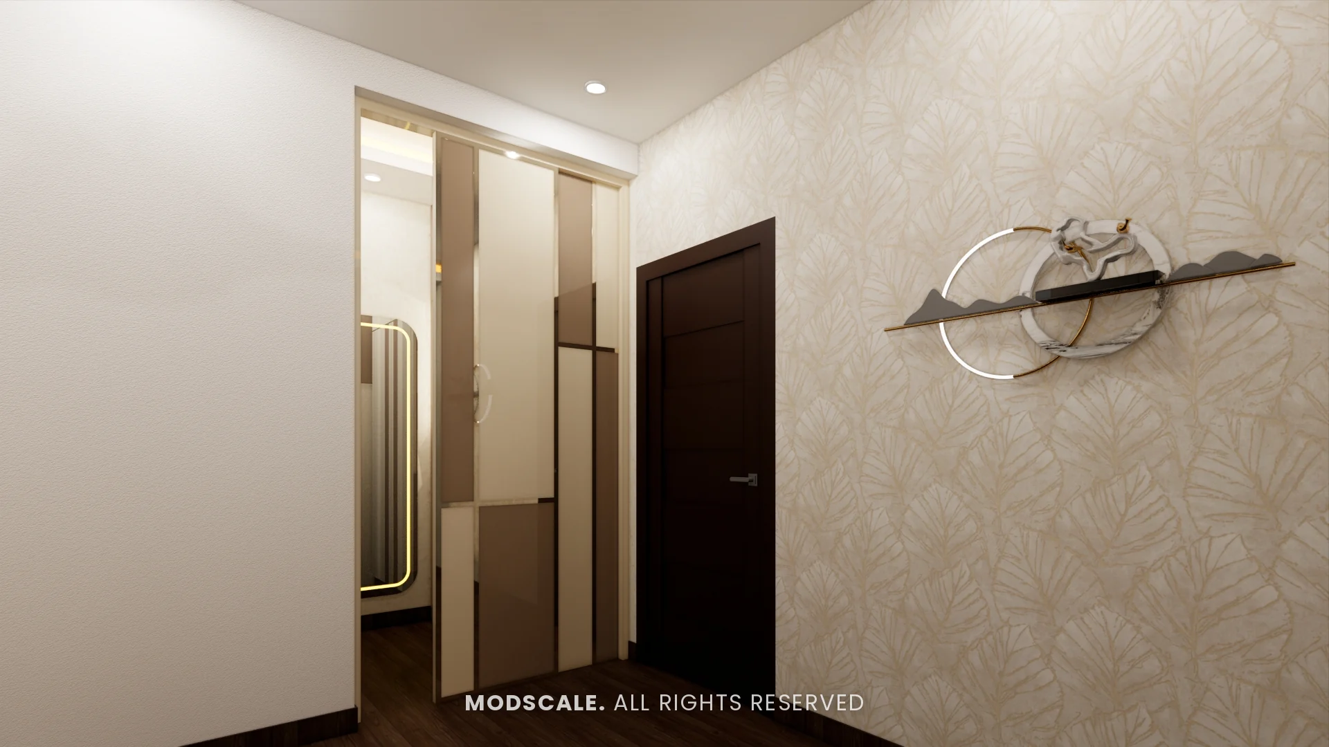Dressing area entrance with beige and brown panelled wardrobe and backlit mirror, Rakesh and Namrata’s villa interior at NVT Symphony of Orchards, Bengaluru