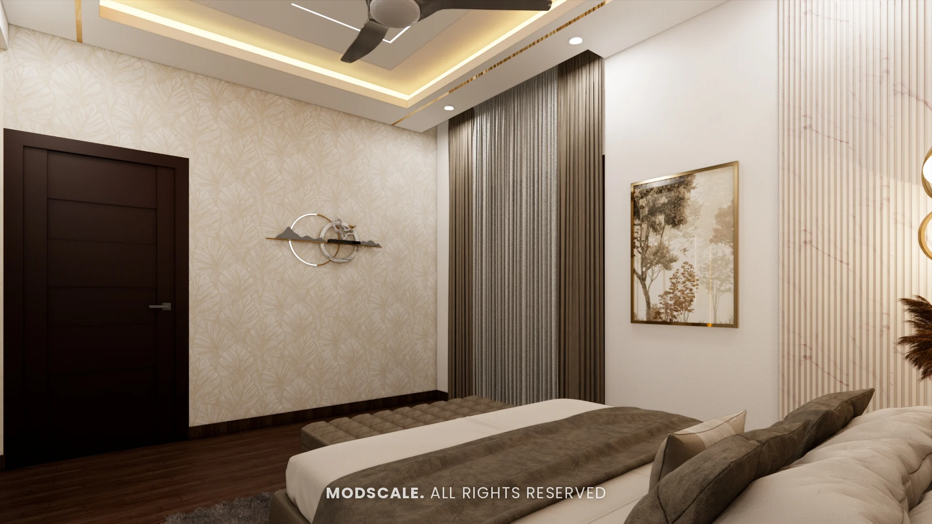 Leaf-pattern wallpaper wall with metal wall art facing the bed, Rakesh and Namrata’s villa interior at NVT Symphony of Orchards, Bengaluru