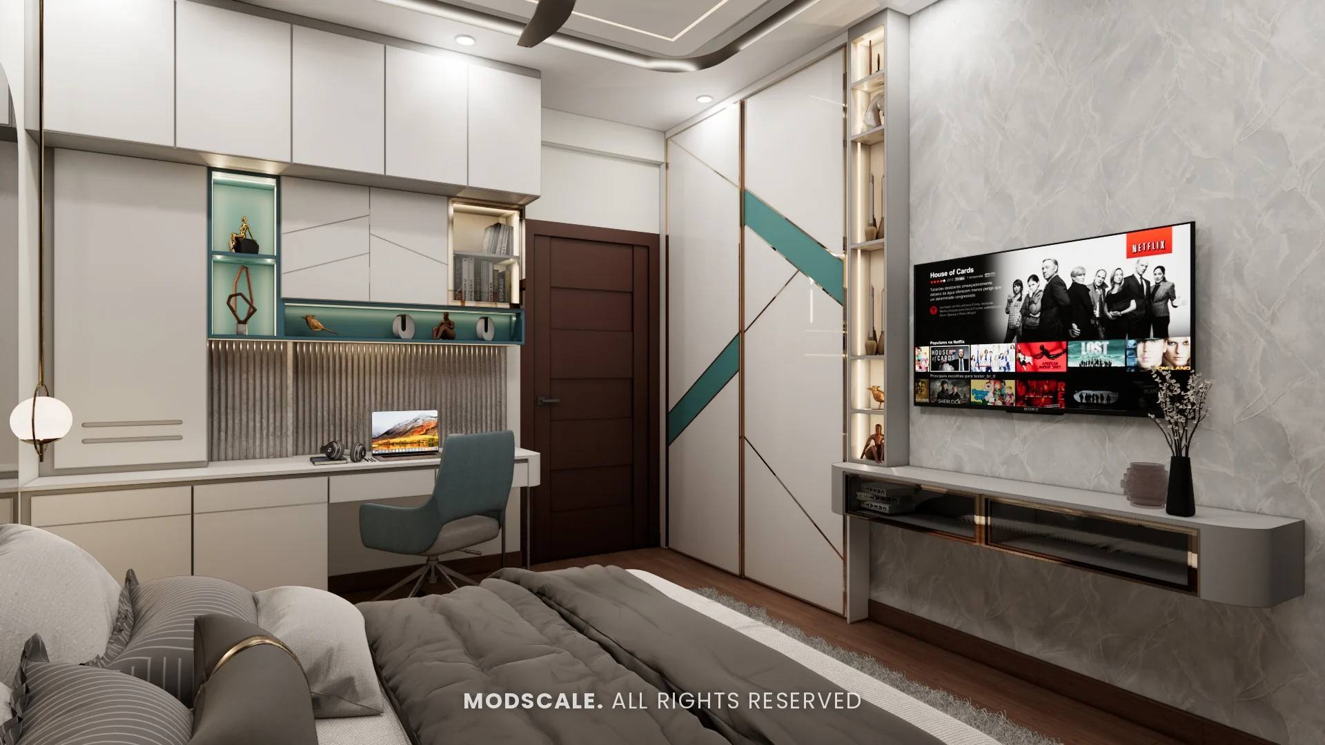 TV wall in grey textured finish with floating ledge, beside a wardrobe with teal diagonal band, Rakesh and Namrata’s villa interior at NVT Symphony of Orchards, Bengaluru